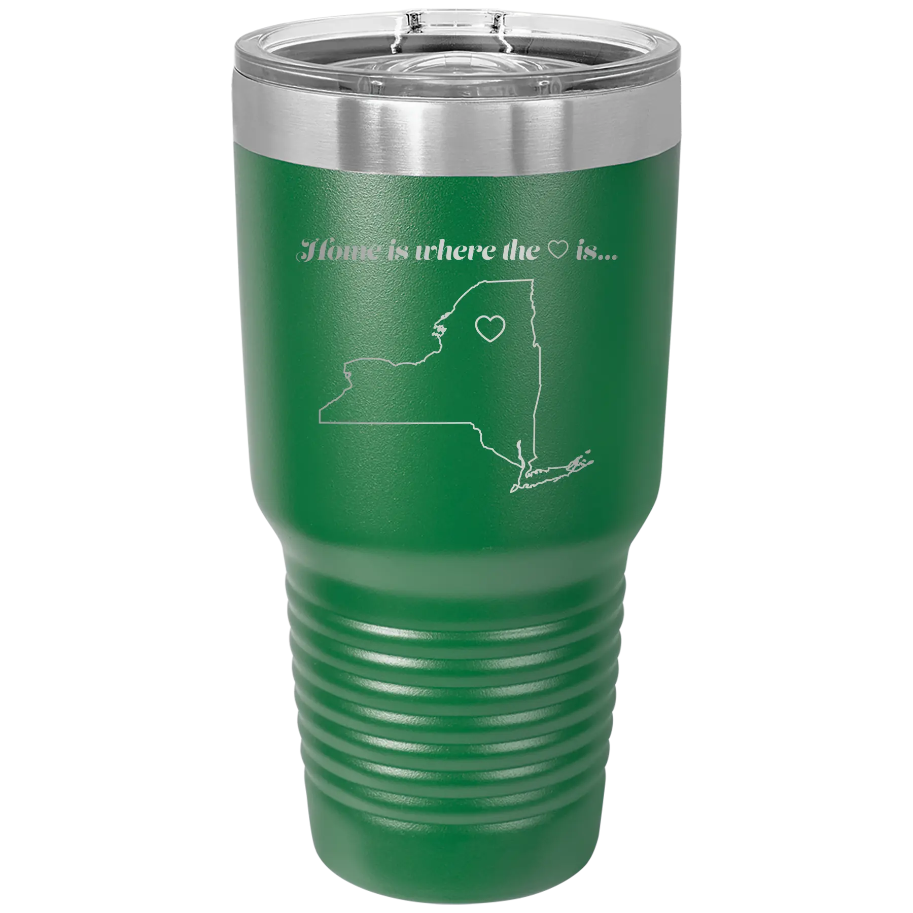 Laser etched green 30 oz vacuum insulated tumbler with 'New York Heart' design