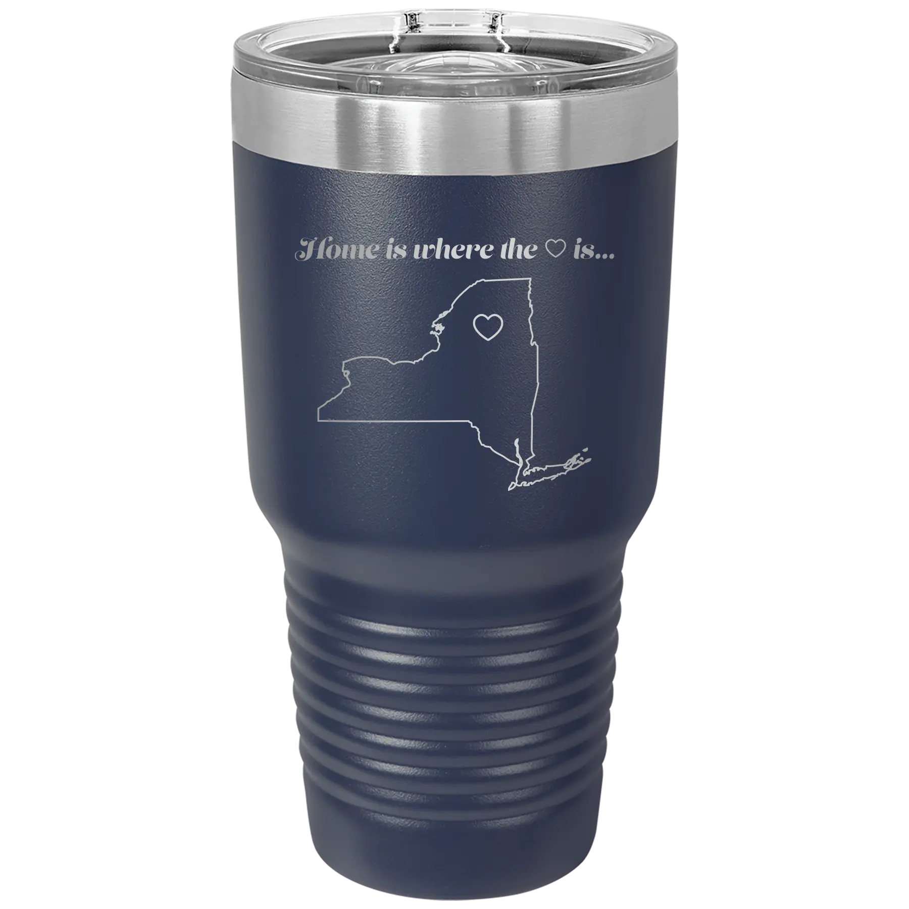 Laser etched navy 30 oz vacuum insulated tumbler with 'New York Heart' design