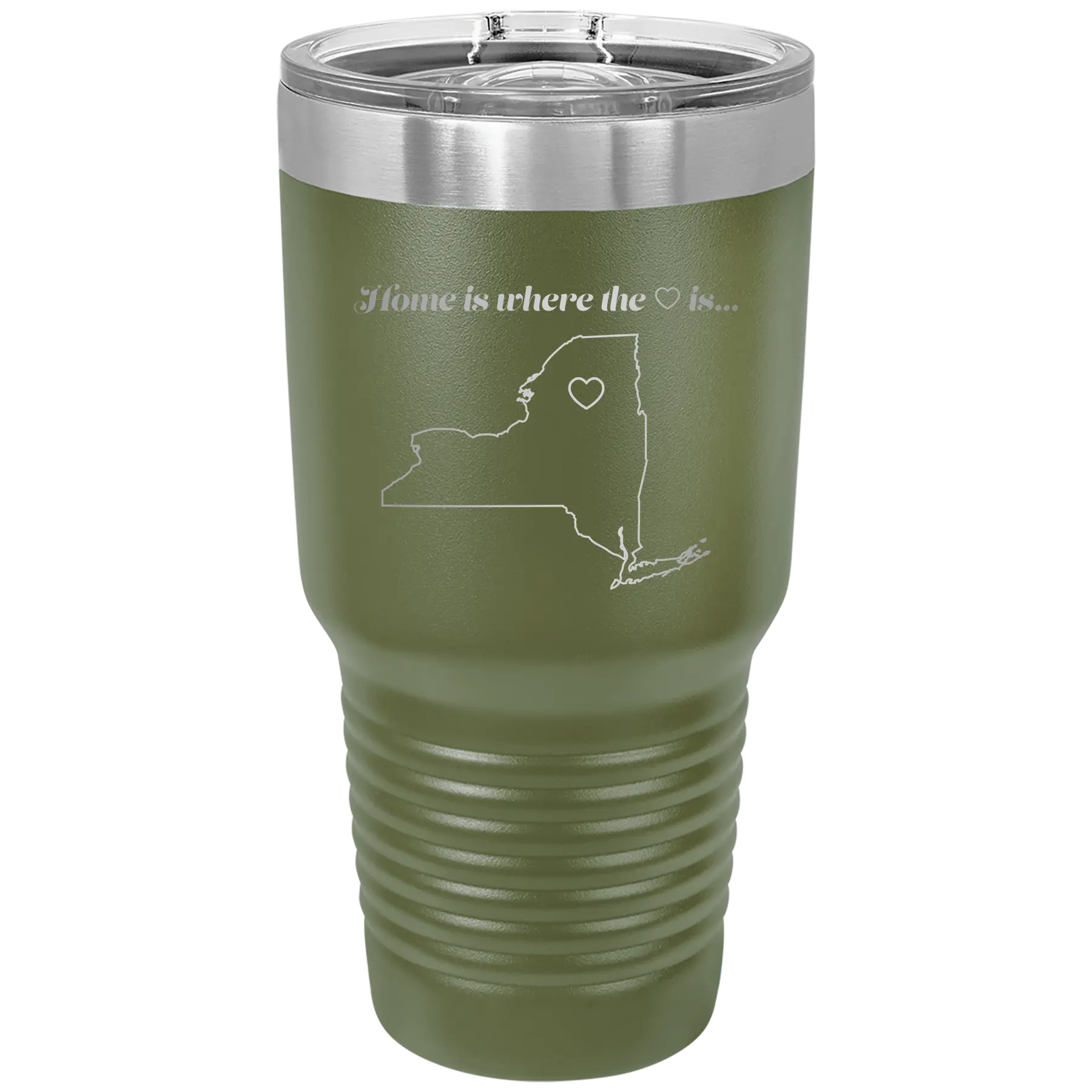 Laser etched olive green 30 oz vacuum insulated tumbler with 'New York Heart' design