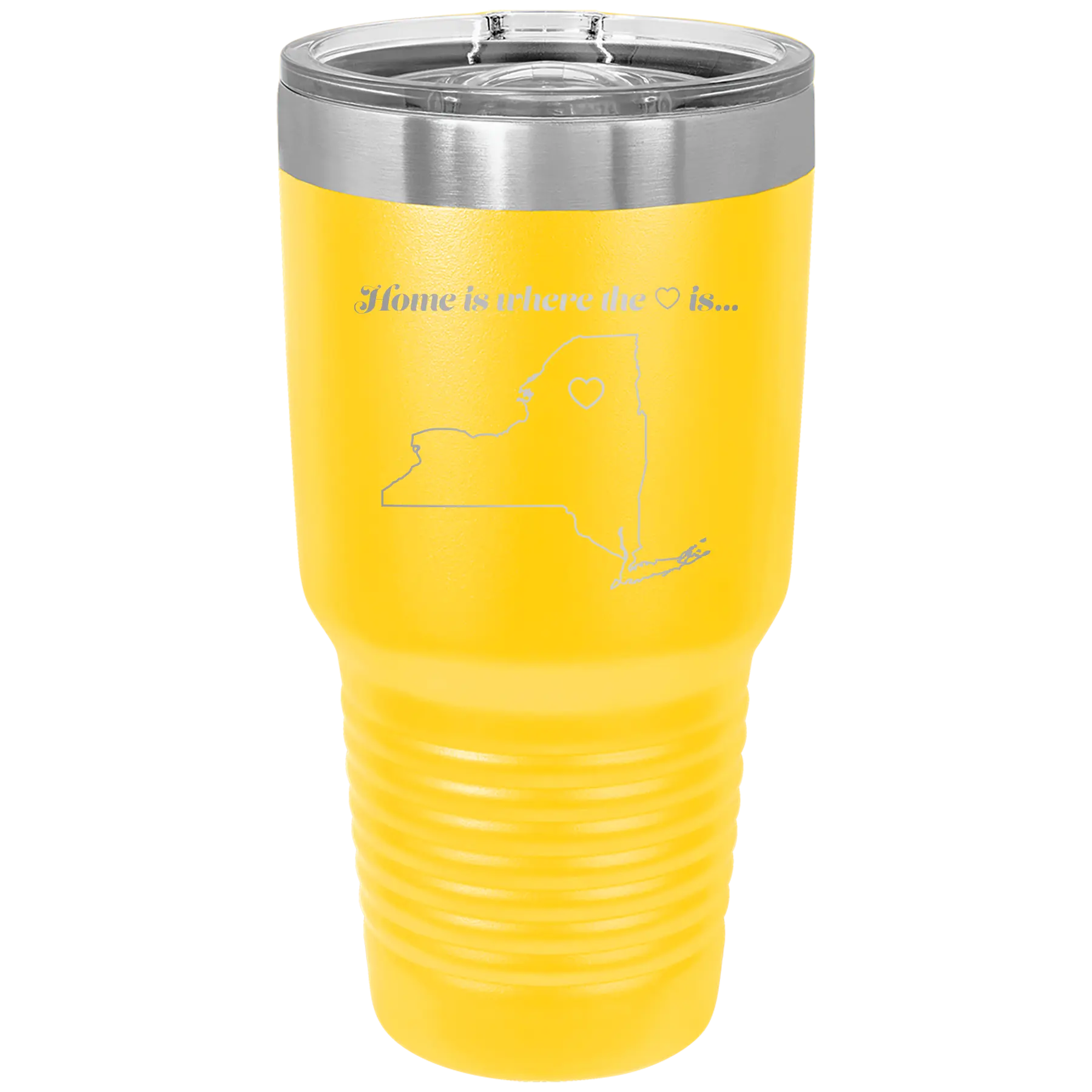 Laser etched yellow 30 oz vacuum insulated tumbler with 'New York Heart' design