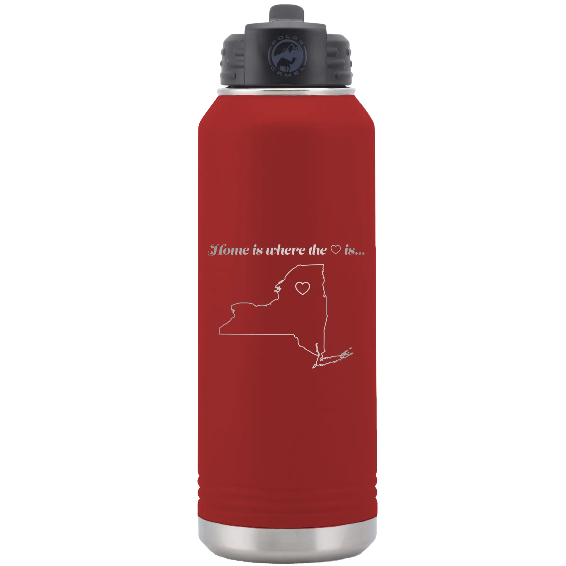 Laser etched maroon 32 oz vacuum insulated water bottle with 'New York Heart' design