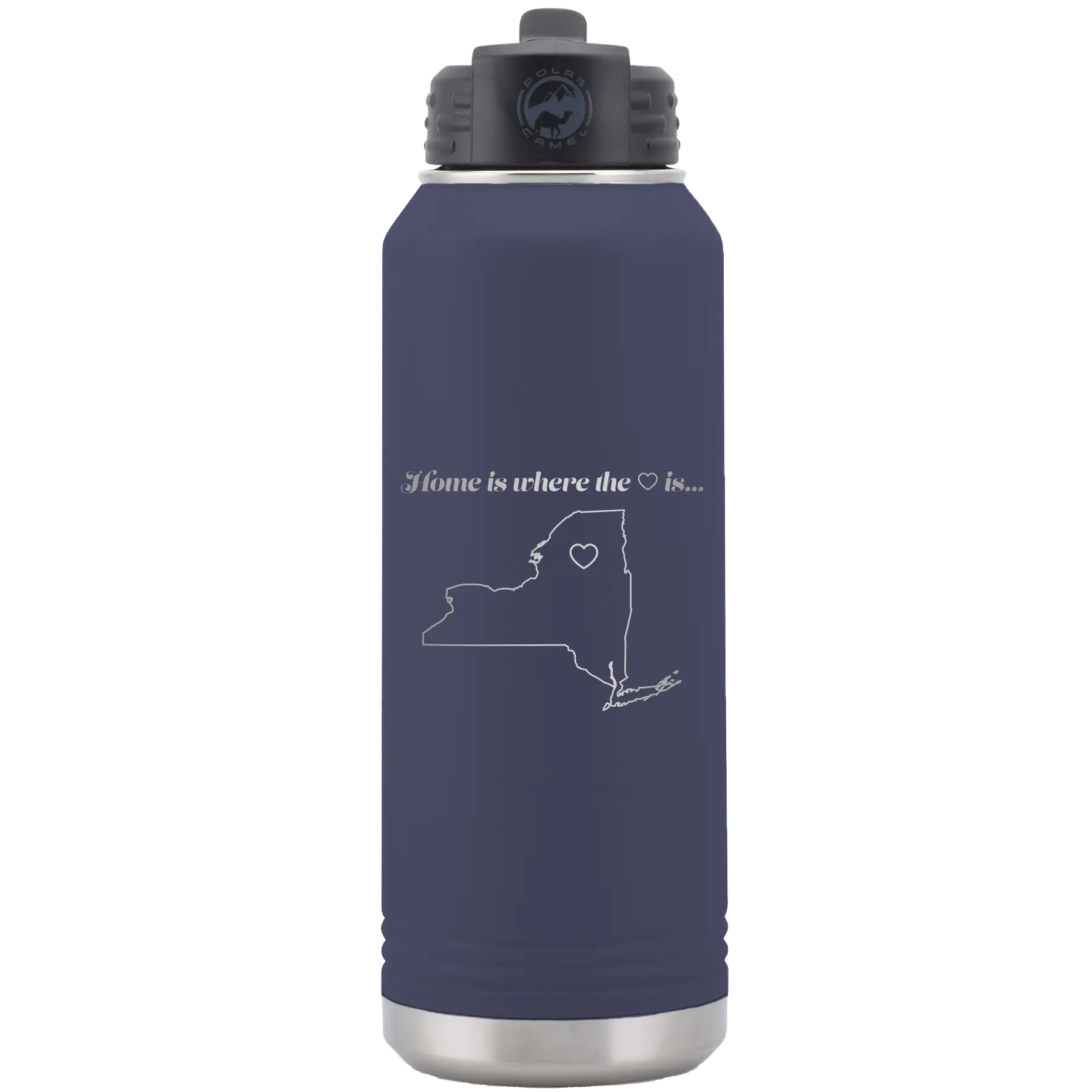 Laser etched navy 32 oz vacuum insulated water bottle with 'New York Heart' design