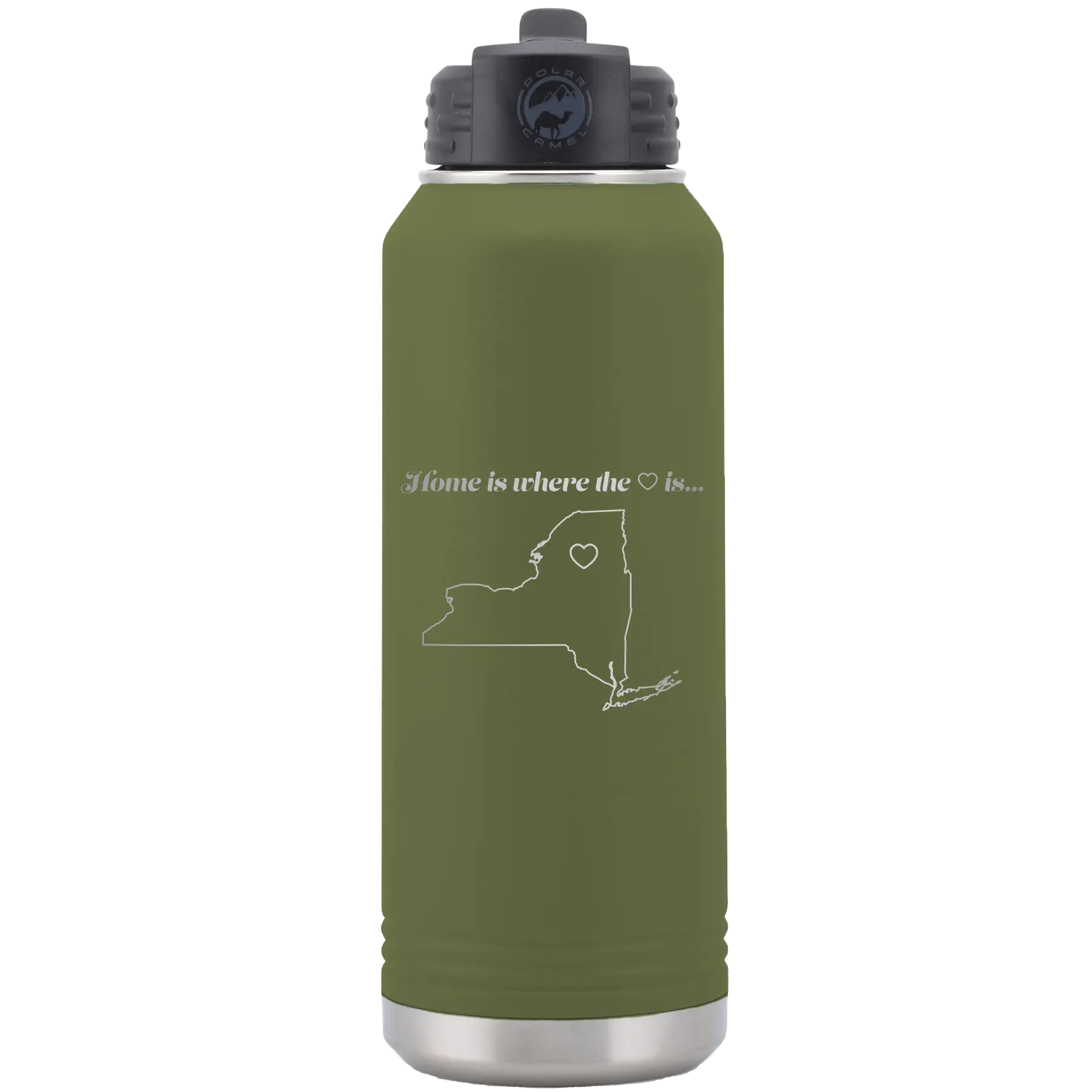 Laser etched olive green 32 oz vacuum insulated water bottle with 'New York Heart' design