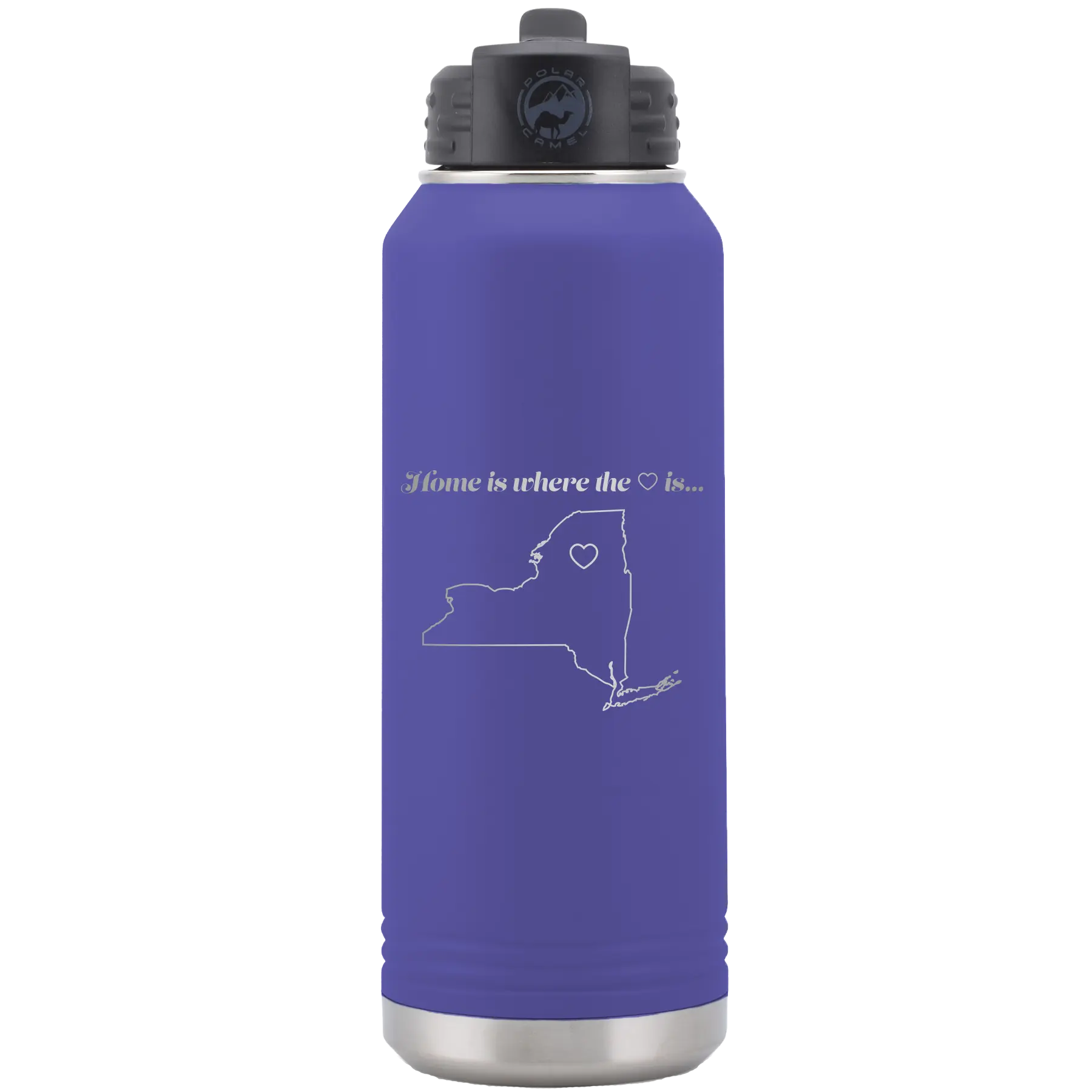 Laser etched purple 32 oz vacuum insulated water bottle with 'New York Heart' design