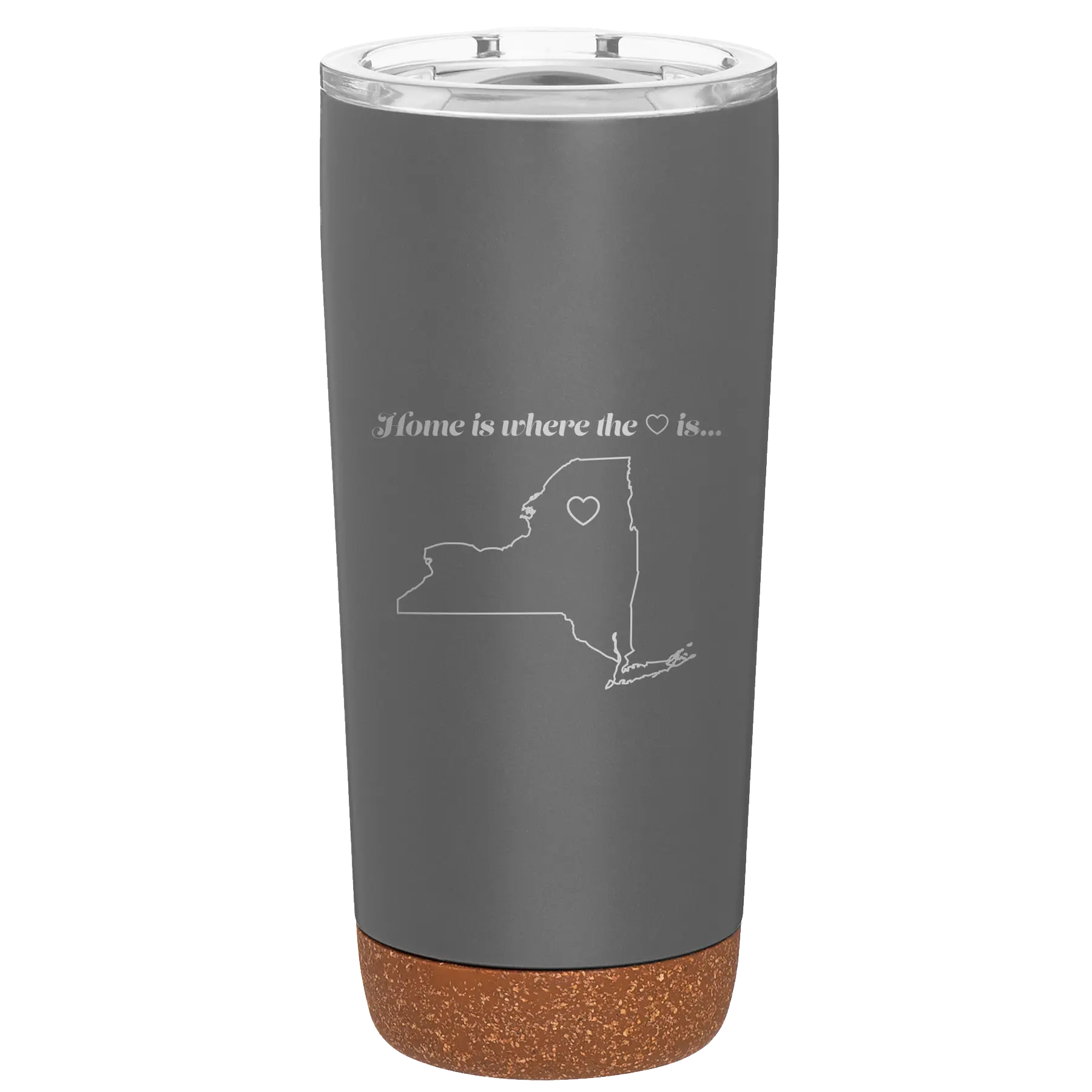 Laser etched storm gray 20 oz vacuum insulated tumbler with 'New York Heart' design