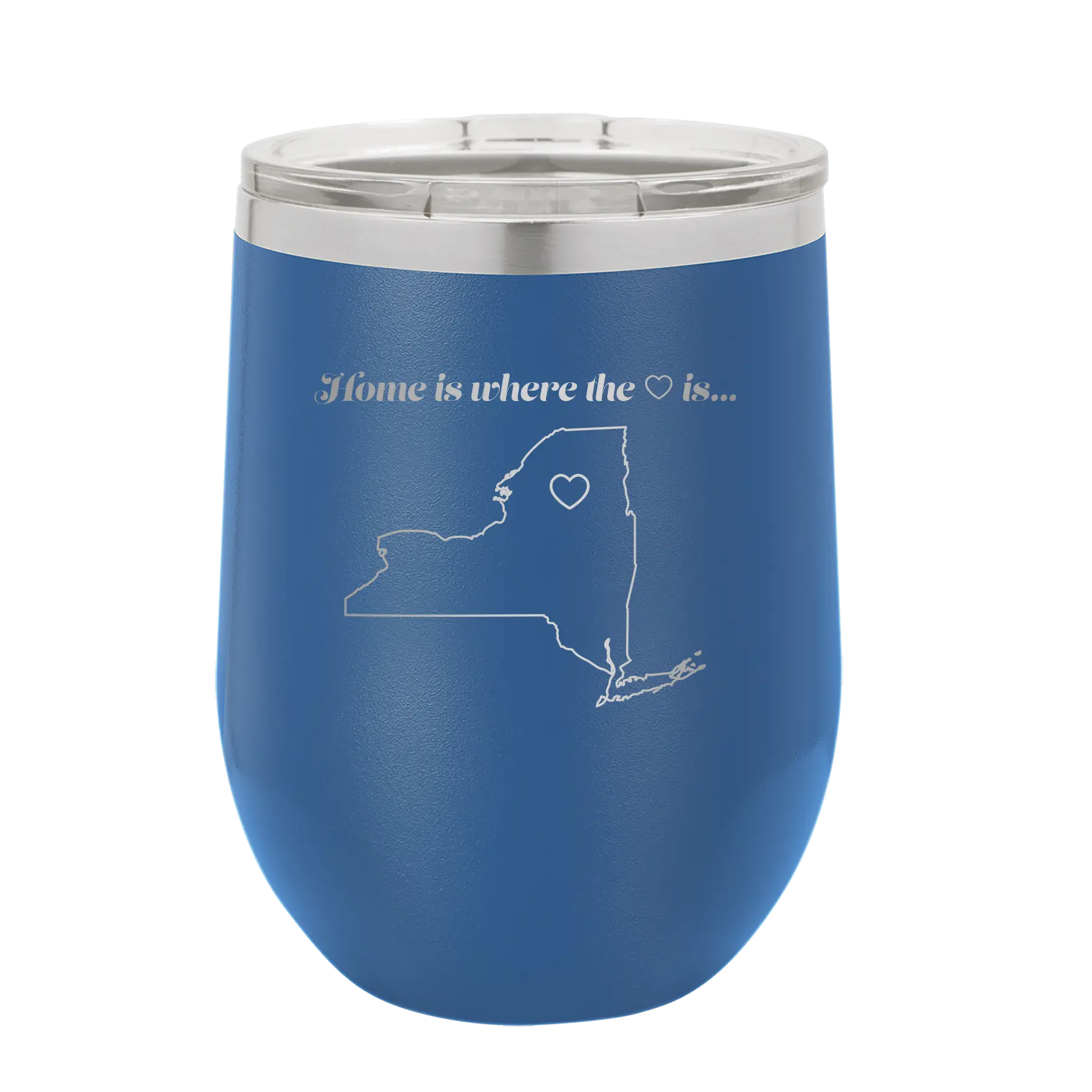 Laser etched royal blue 12 oz vacuum insulated wine cup with 'New York Heart' design