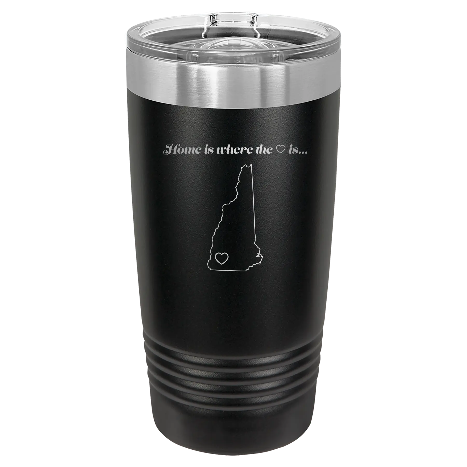 Laser etched black 20 oz vacuum insulated tumbler with 'New Hampshire Heart' design