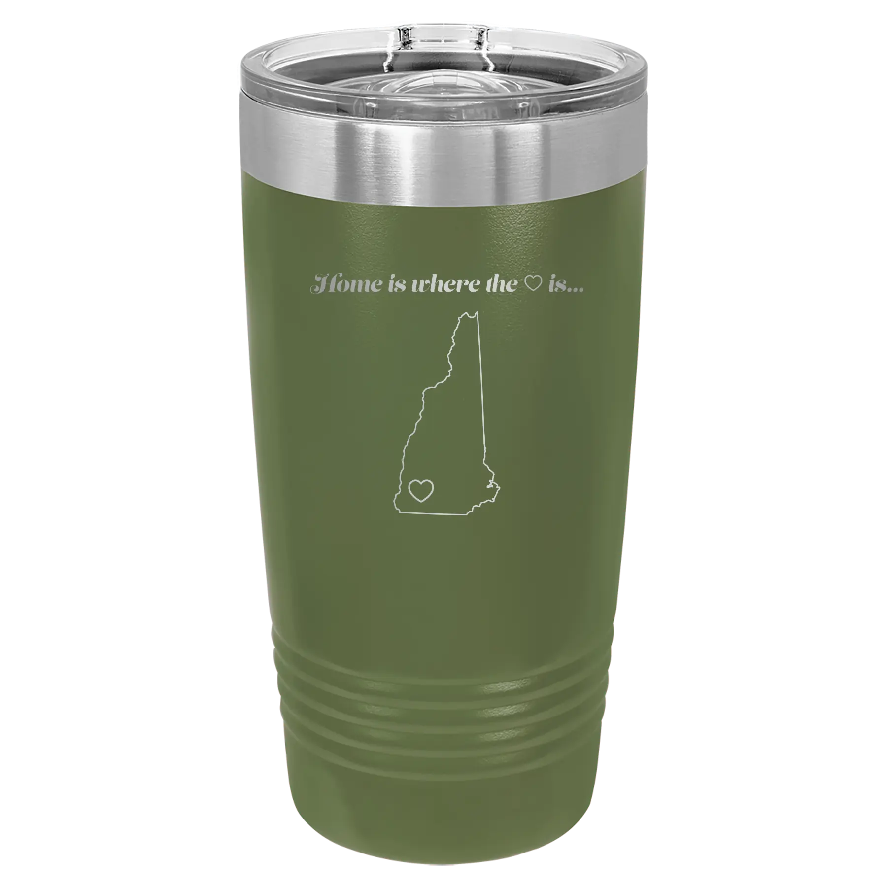Laser etched olive green 20 oz vacuum insulated tumbler with 'New Hampshire Heart' design