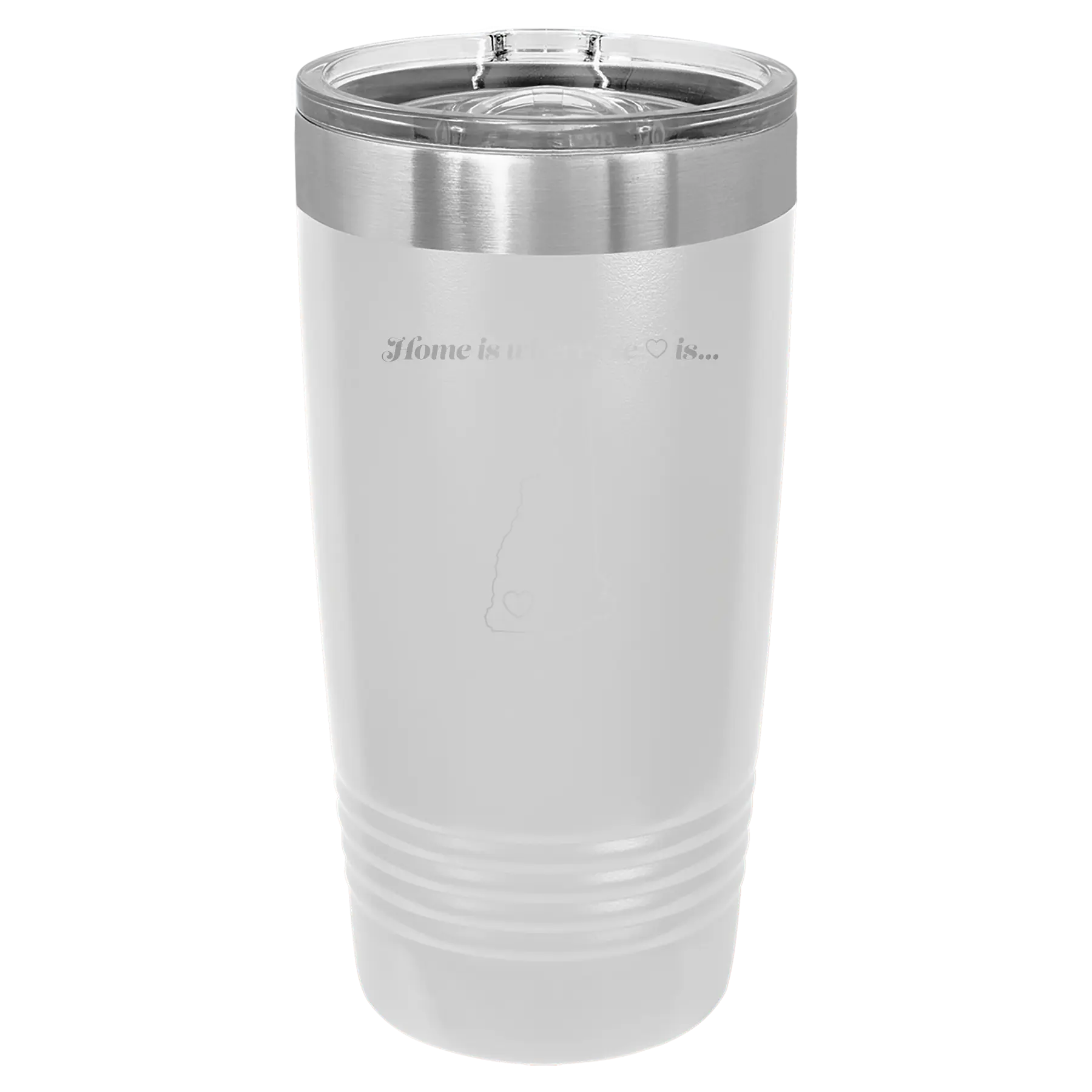 Laser etched white 20 oz vacuum insulated tumbler with 'New Hampshire Heart' design