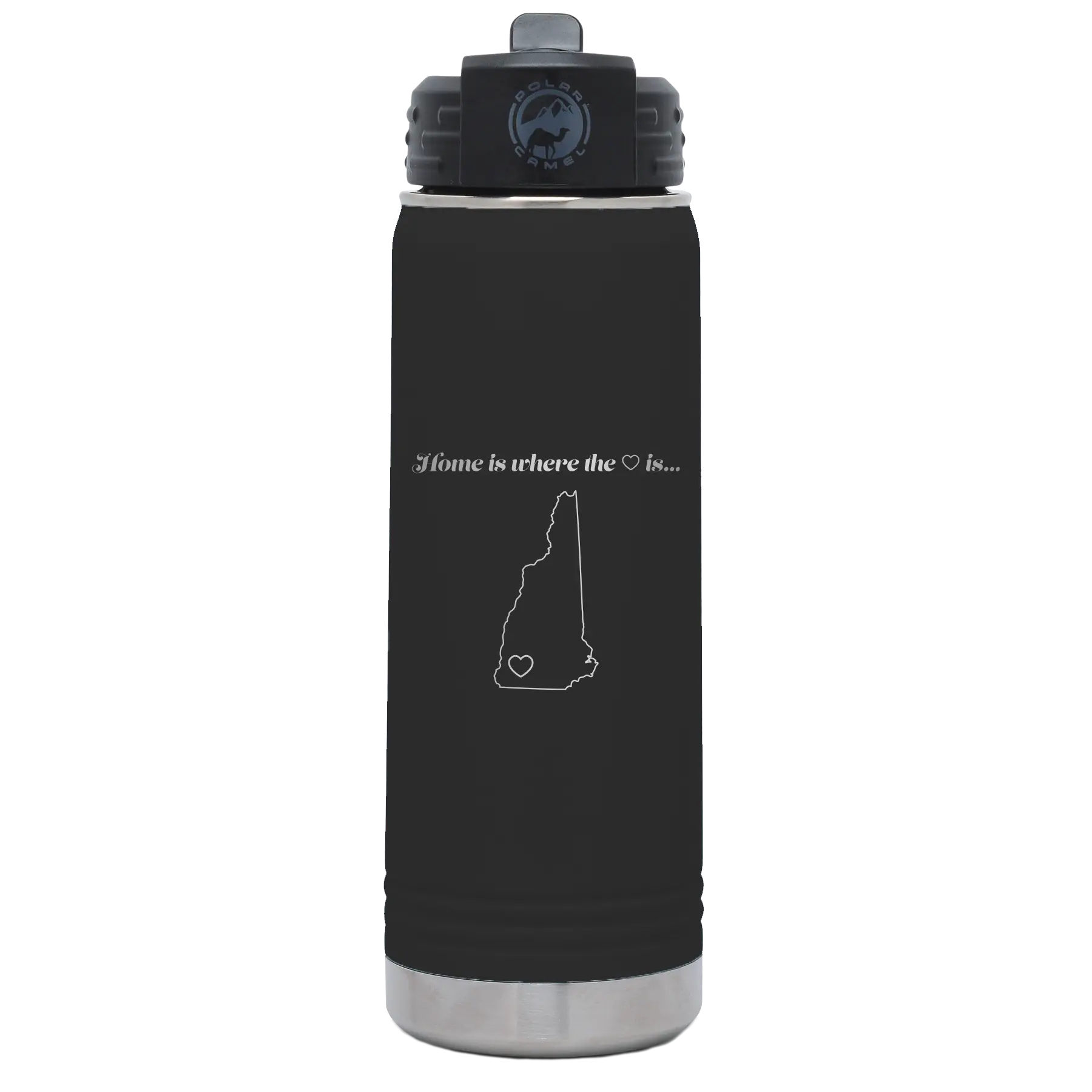 Laser etched black 20 oz vacuum insulated water bottle with 'New Hampshire Heart' design