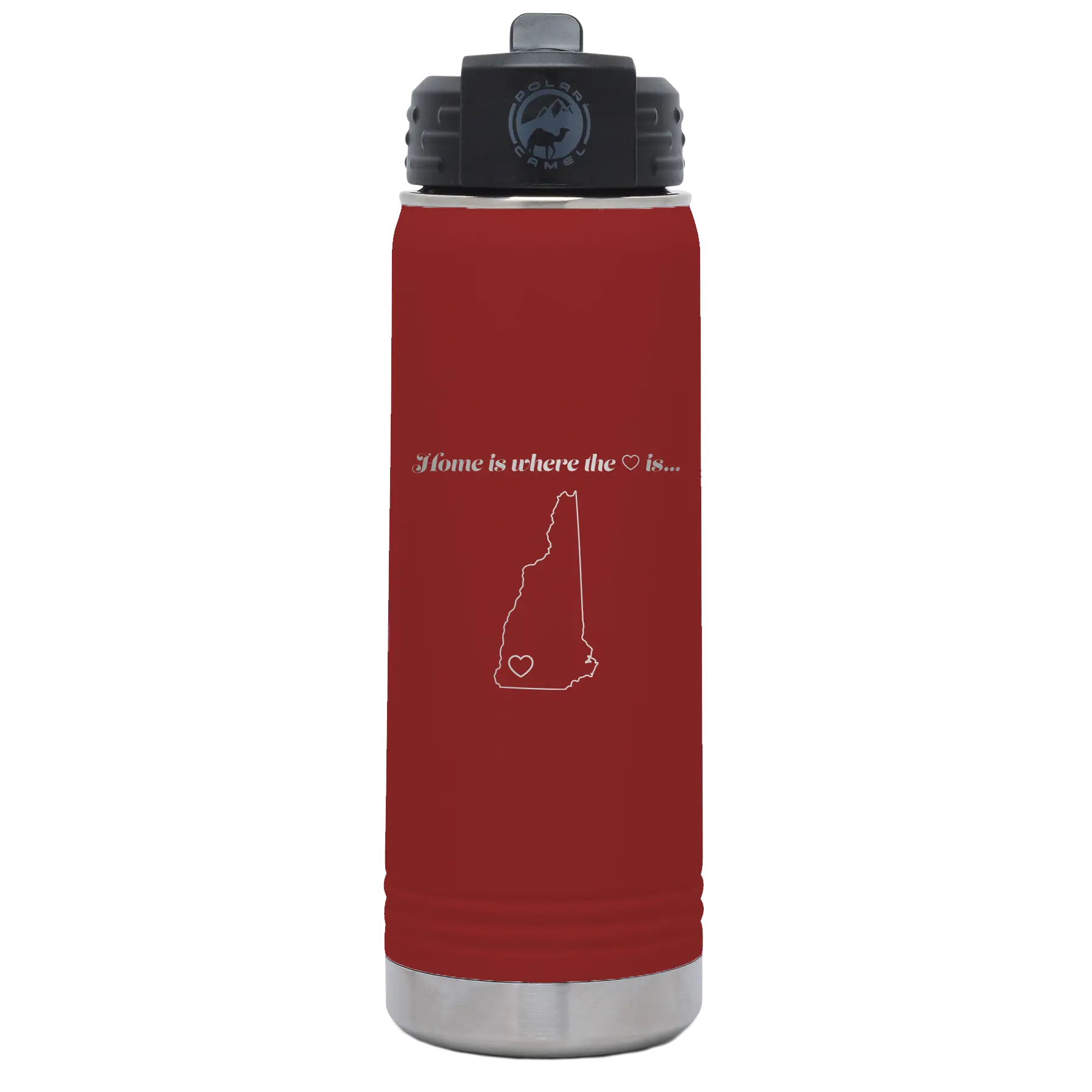 Laser etched maroon 20 oz vacuum insulated water bottle with 'New Hampshire Heart' design