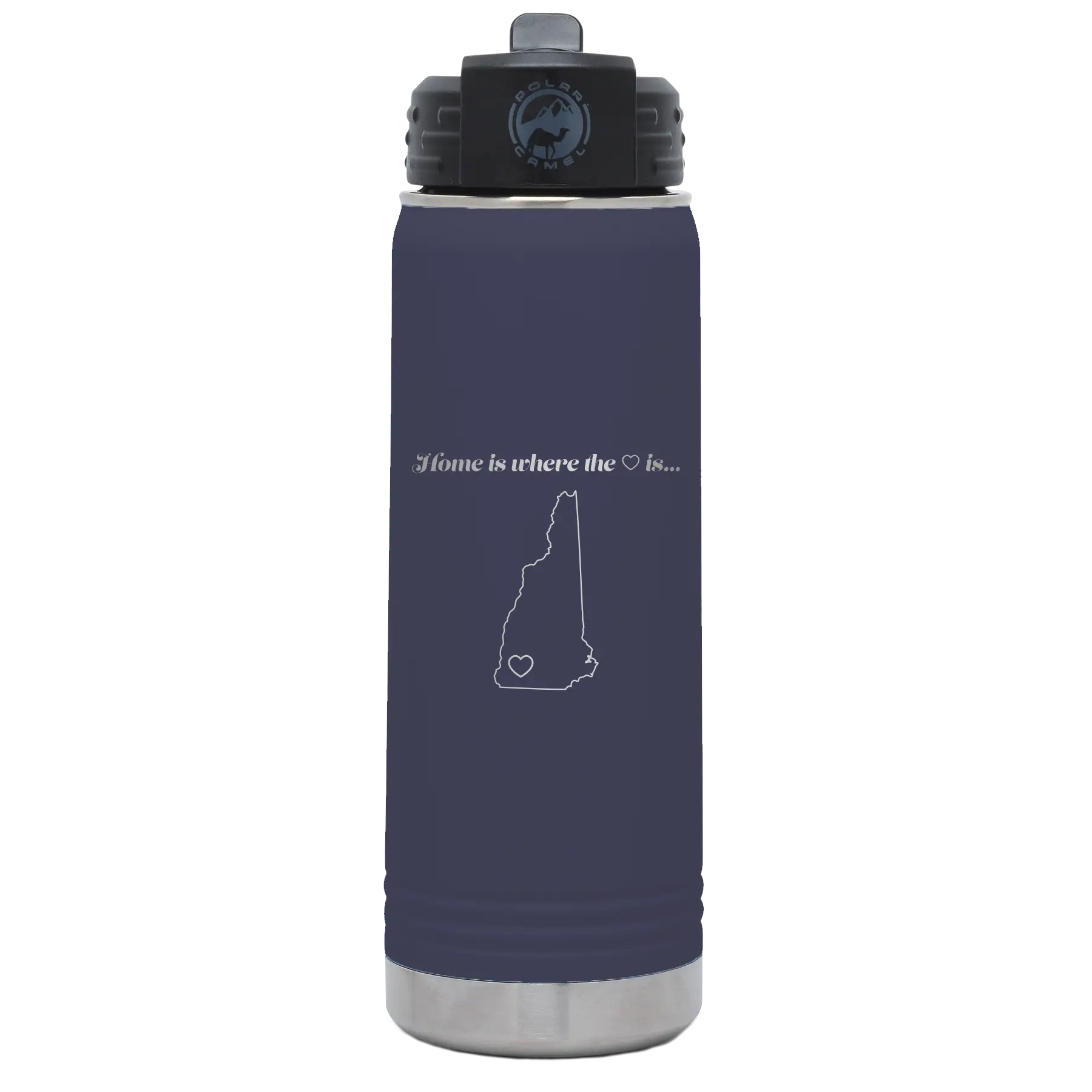 Laser etched navy 20 oz vacuum insulated water bottle with 'New Hampshire Heart' design