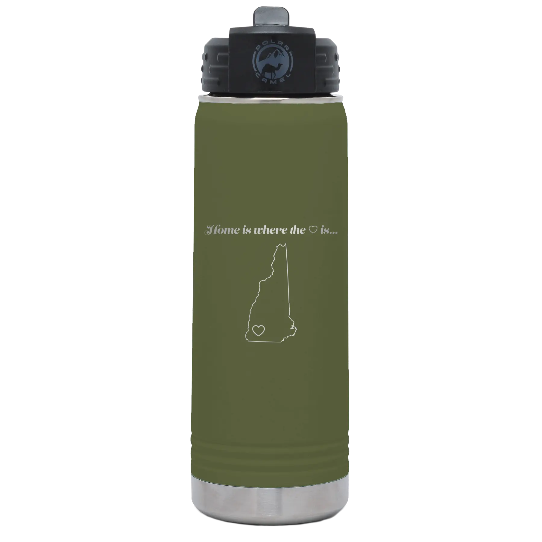 Laser etched olive green 20 oz vacuum insulated water bottle with 'New Hampshire Heart' design