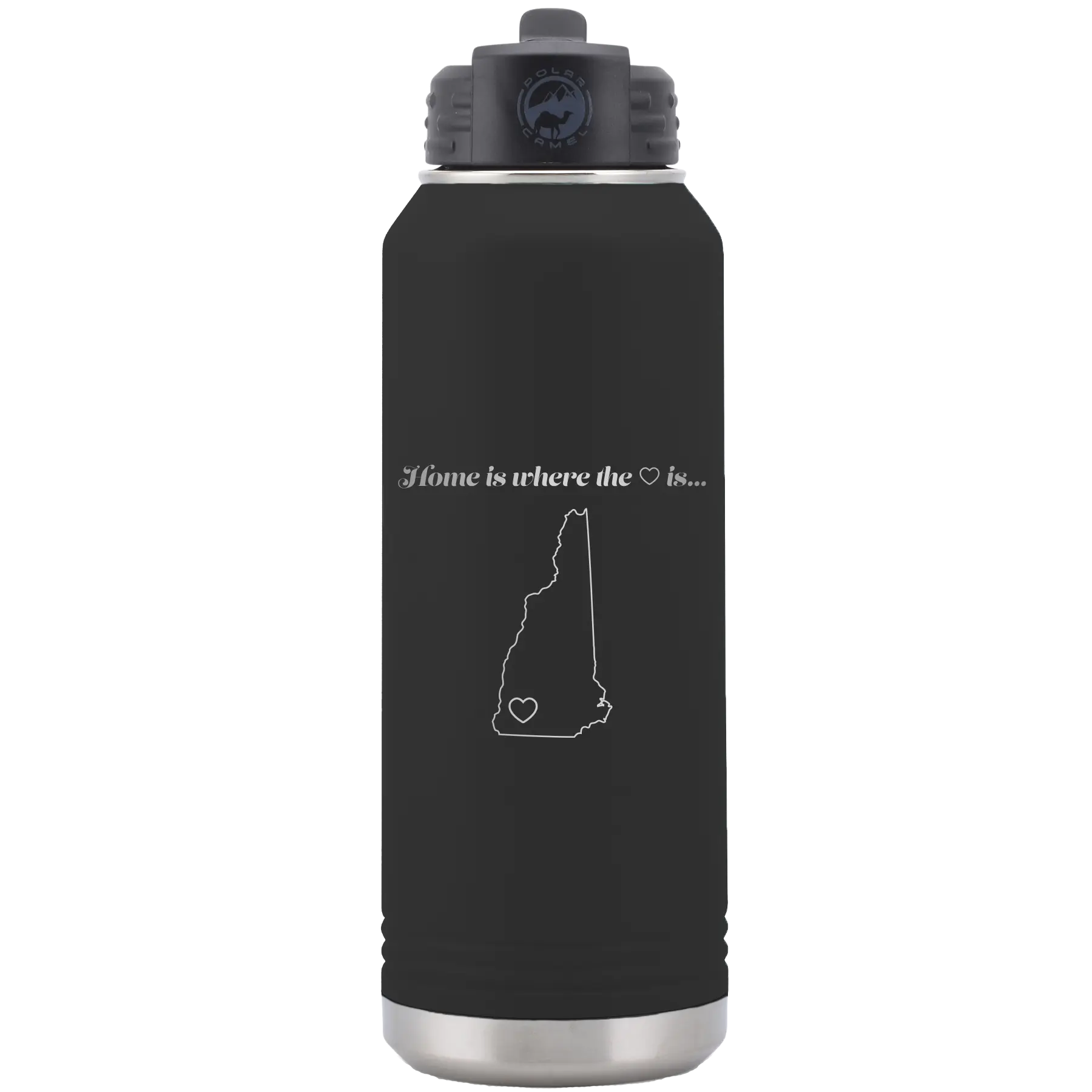 Laser etched black 32 oz vacuum insulated water bottle with 'New Hampshire Heart' design