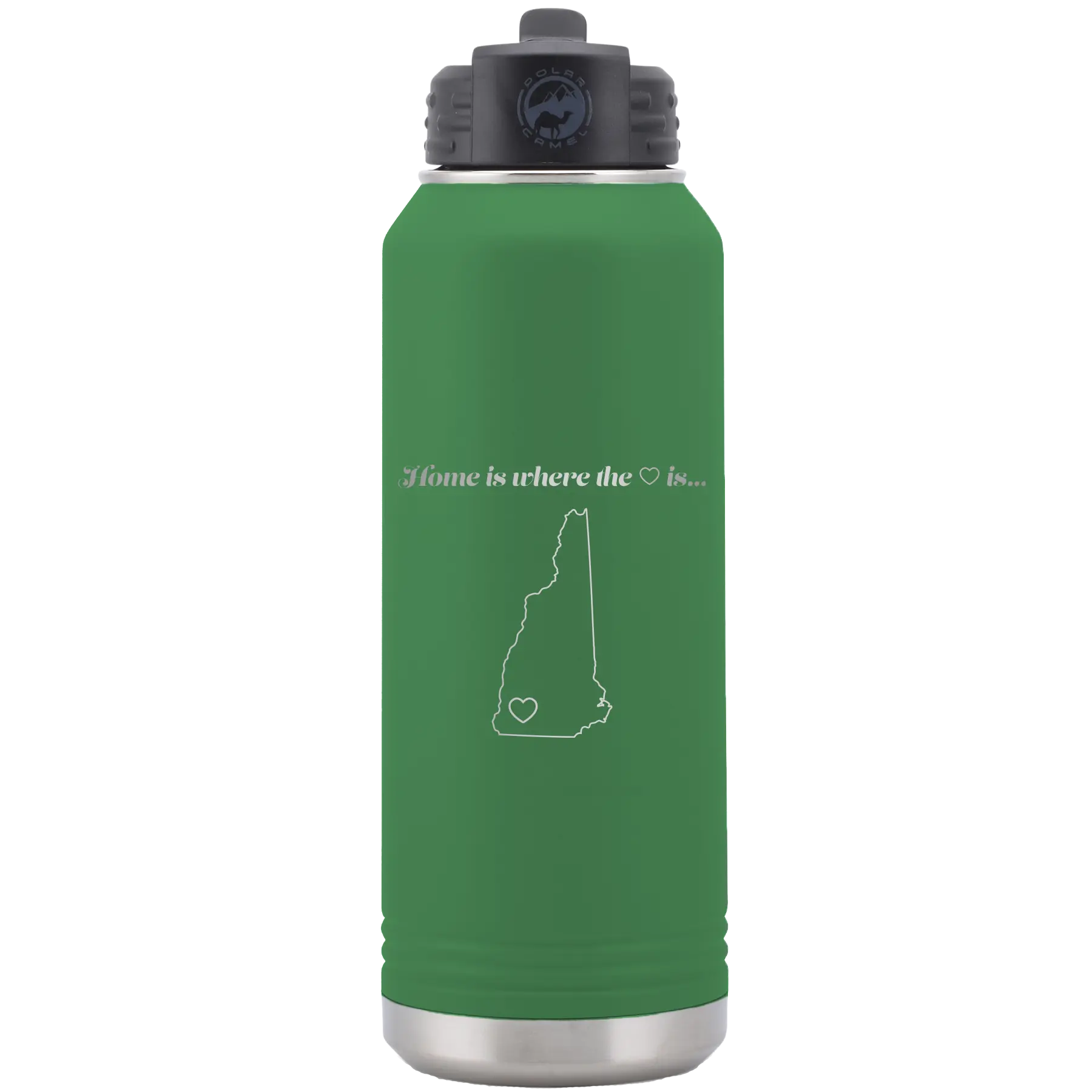 Laser etched green 32 oz vacuum insulated water bottle with 'New Hampshire Heart' design