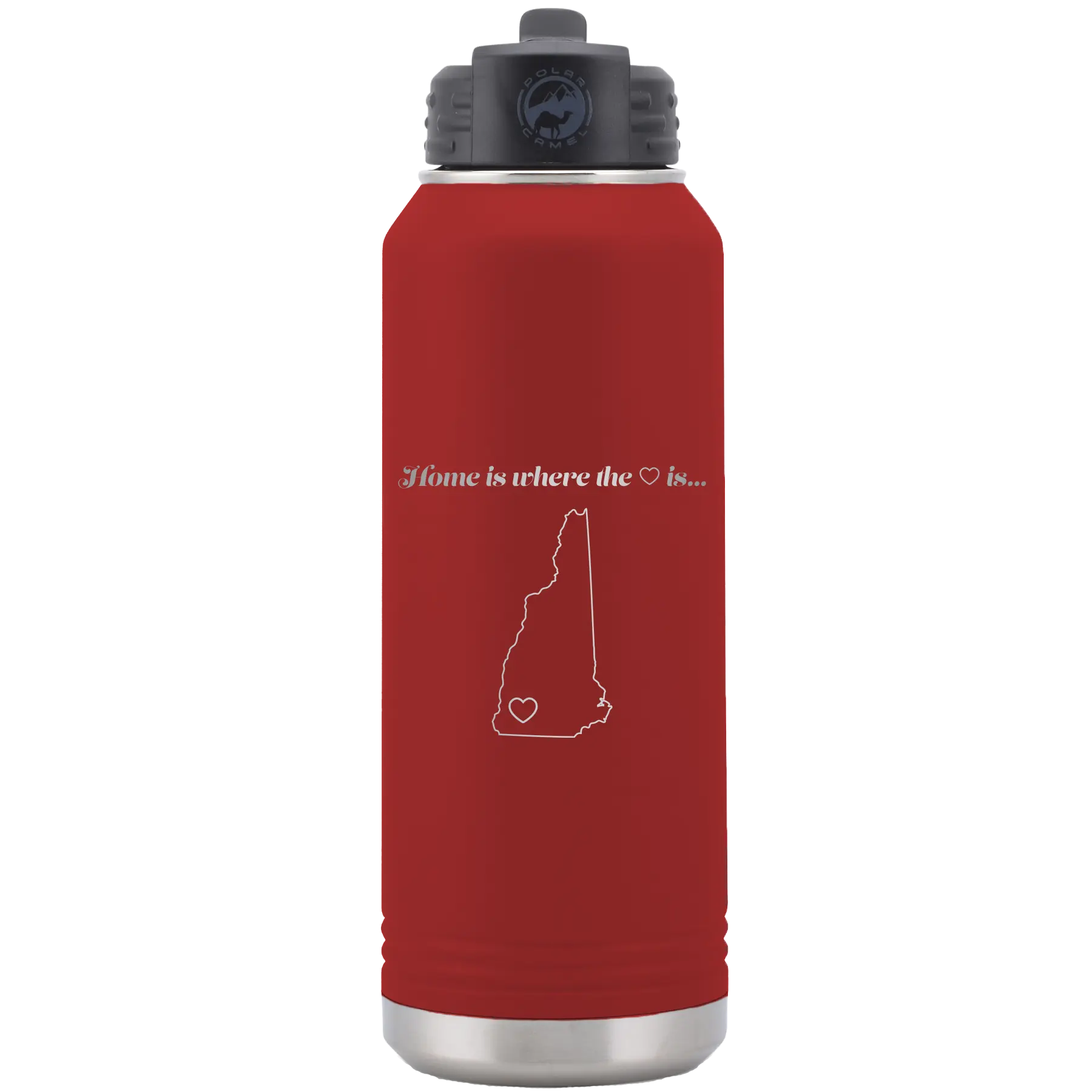 Laser etched maroon 32 oz vacuum insulated water bottle with 'New Hampshire Heart' design