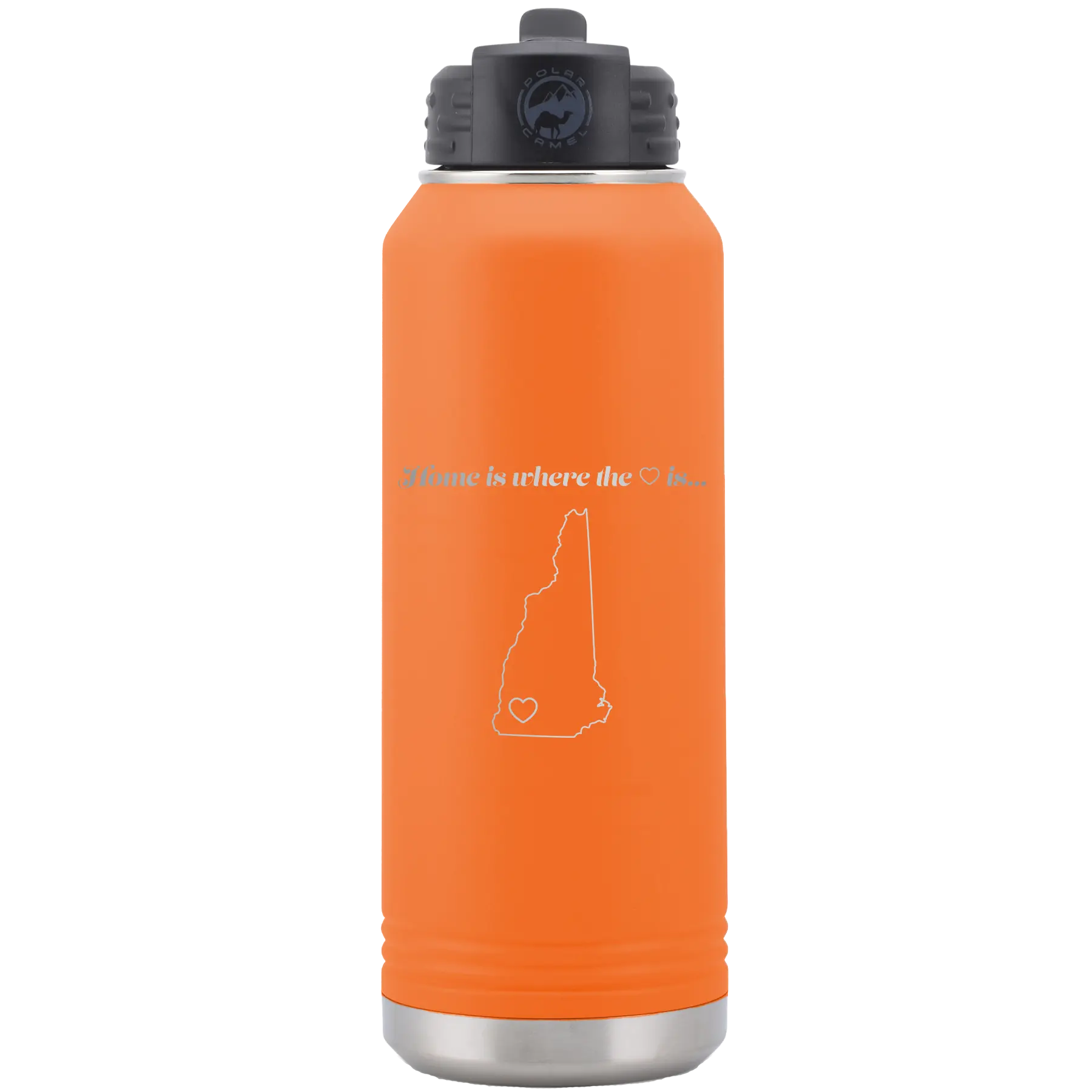 Laser etched orange 32 oz vacuum insulated water bottle with 'New Hampshire Heart' design