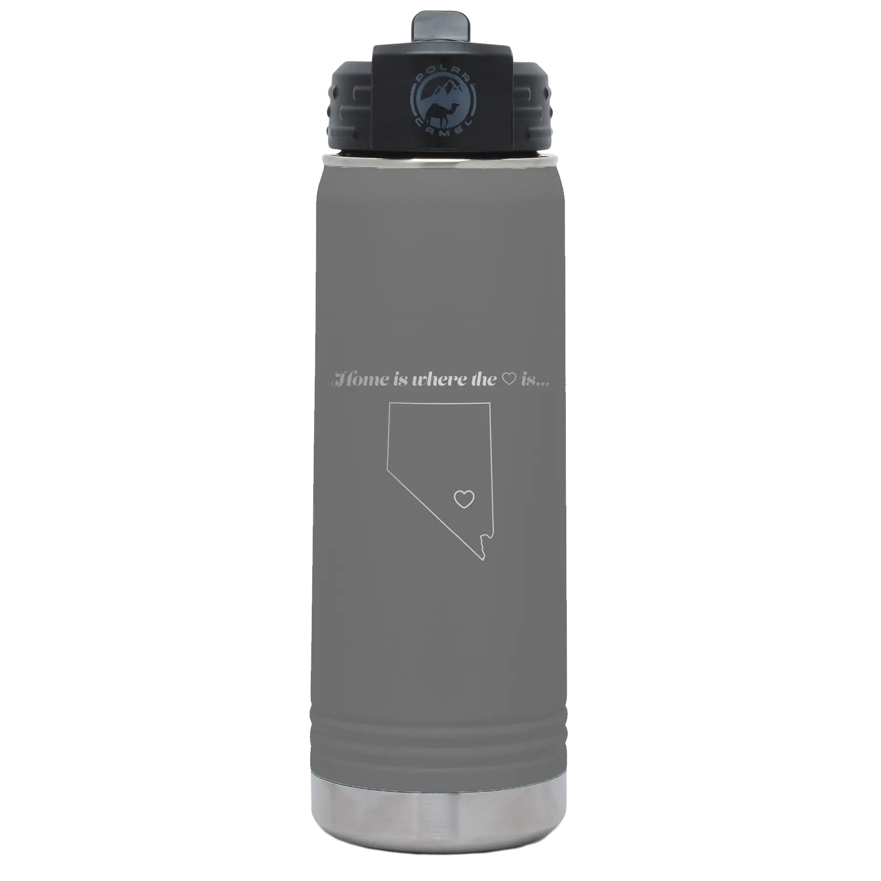 Laser etched dark gray 20 oz vacuum insulated water bottle with 'Nevada Heart' design