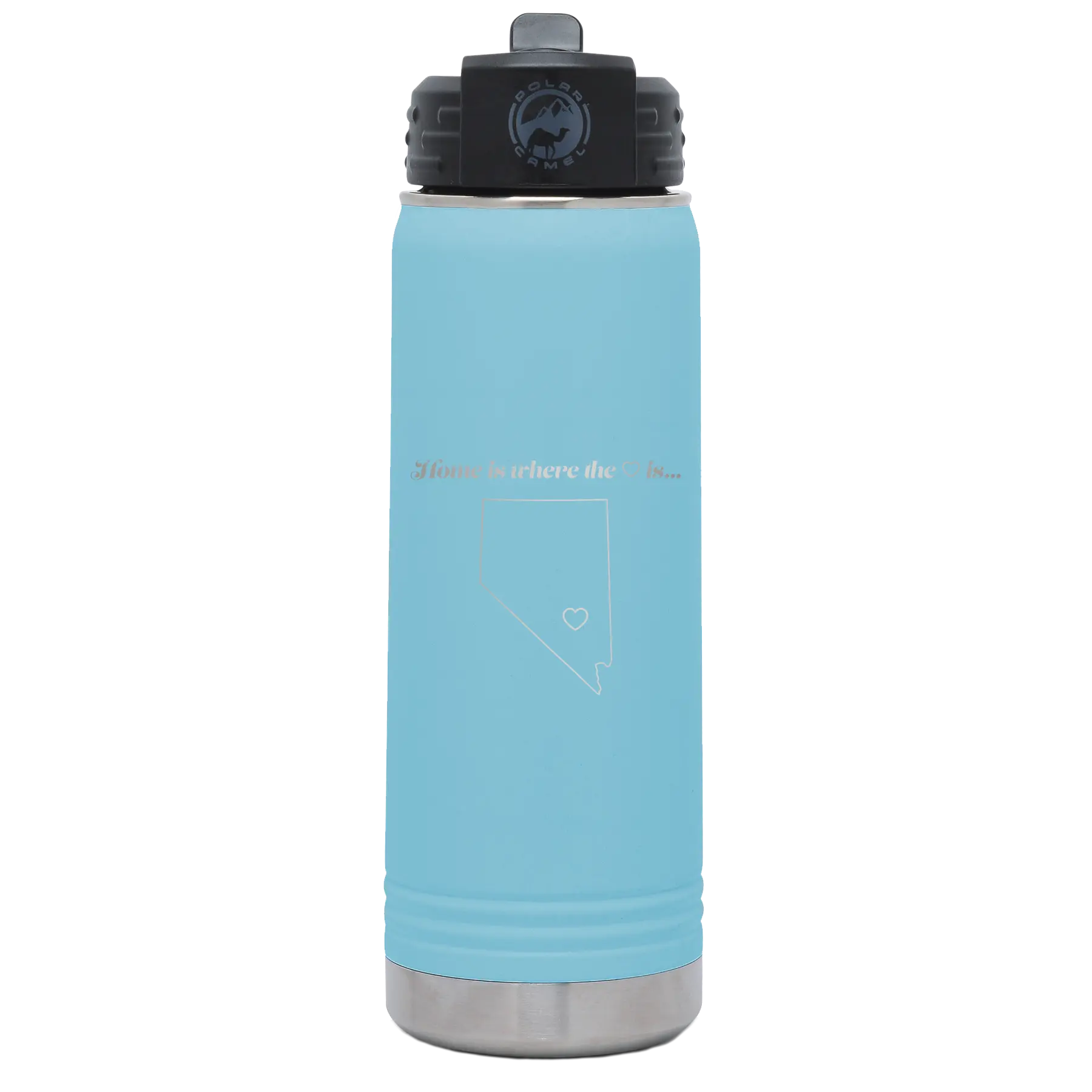 Laser etched light blue 20 oz vacuum insulated water bottle with 'Nevada Heart' design