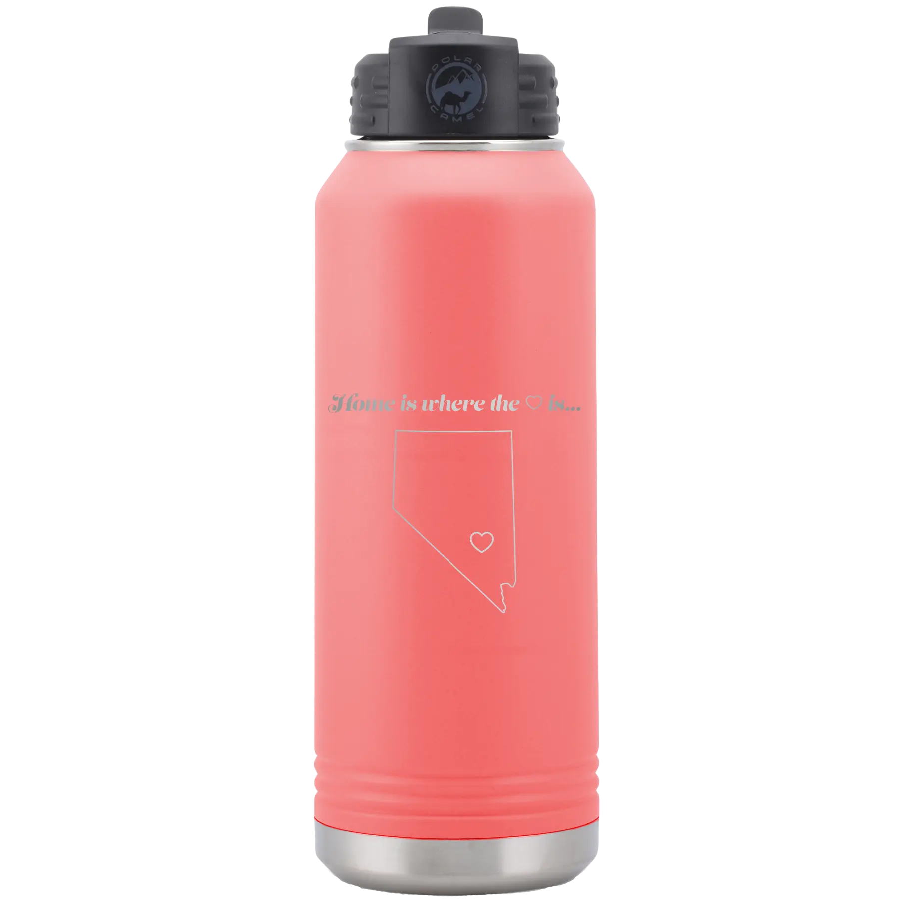 Laser etched coral 32 oz vacuum insulated water bottle with 'Nevada Heart' design