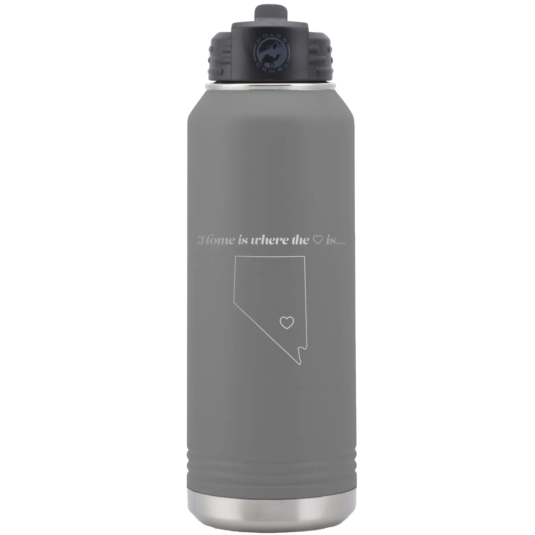 Laser etched dark gray 32 oz vacuum insulated water bottle with 'Nevada Heart' design