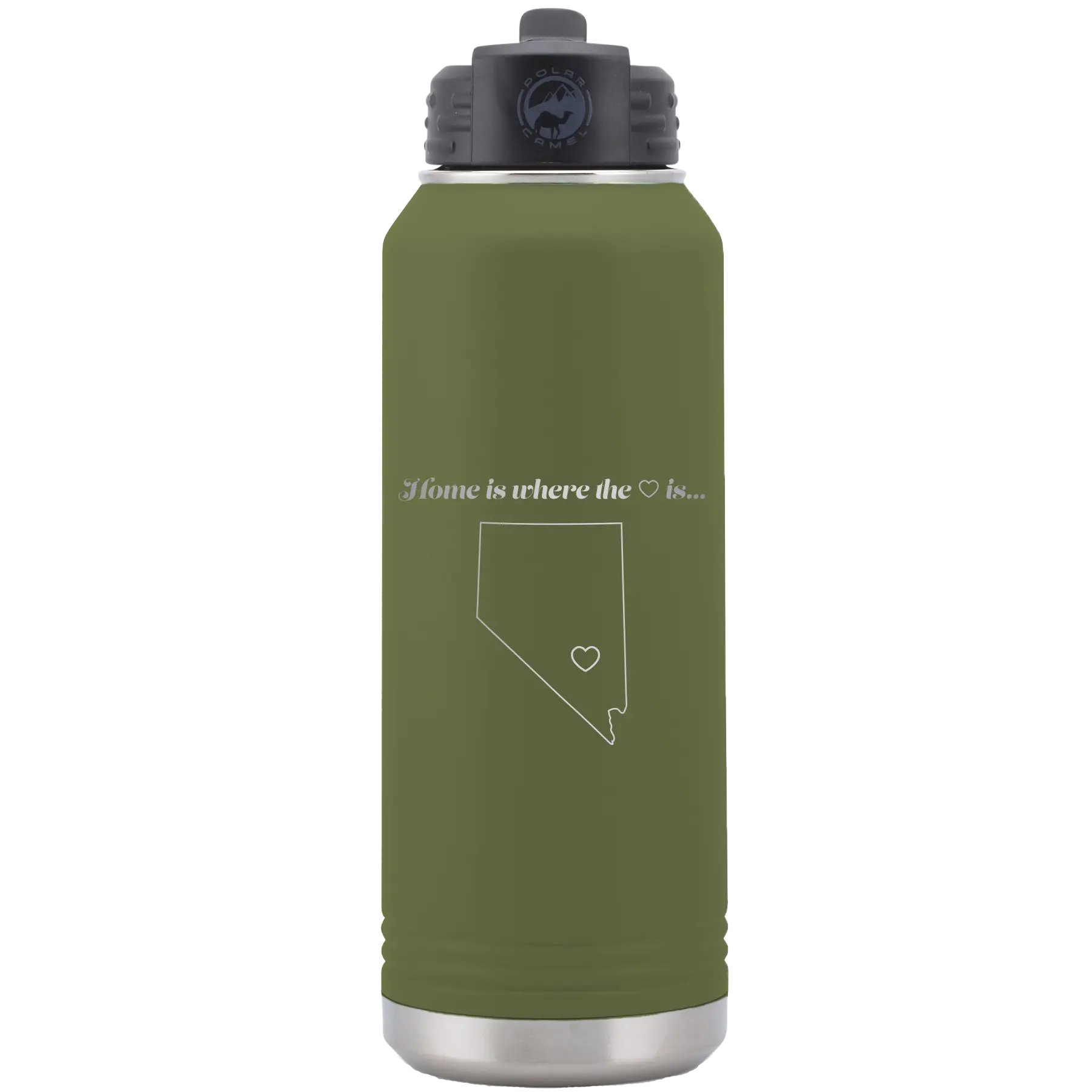 Laser etched olive green 32 oz vacuum insulated water bottle with 'Nevada Heart' design