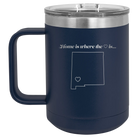 Laser etched navy 15 oz vacuum insulated coffee mug with 'New Mexico Heart' design