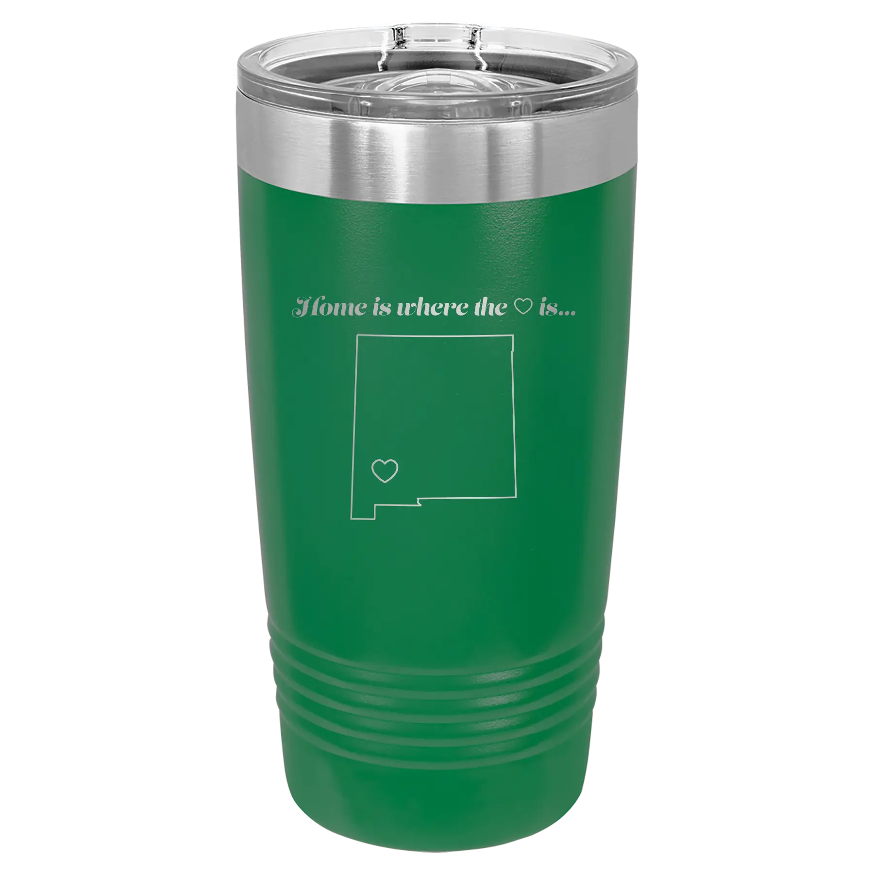 Laser etched green 20 oz vacuum insulated tumbler with 'New Mexico Heart' design