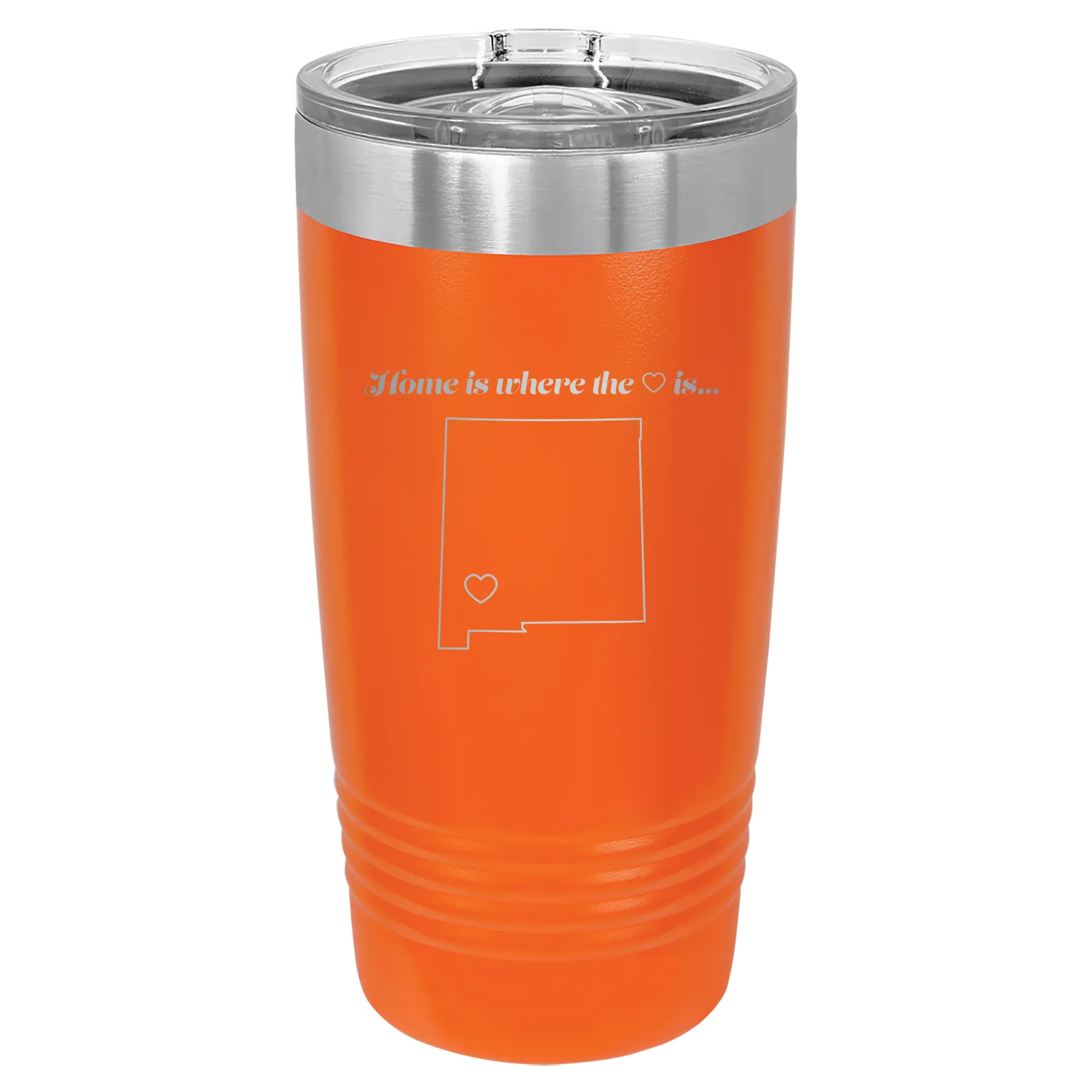 Laser etched orange 20 oz vacuum insulated tumbler with 'New Mexico Heart' design