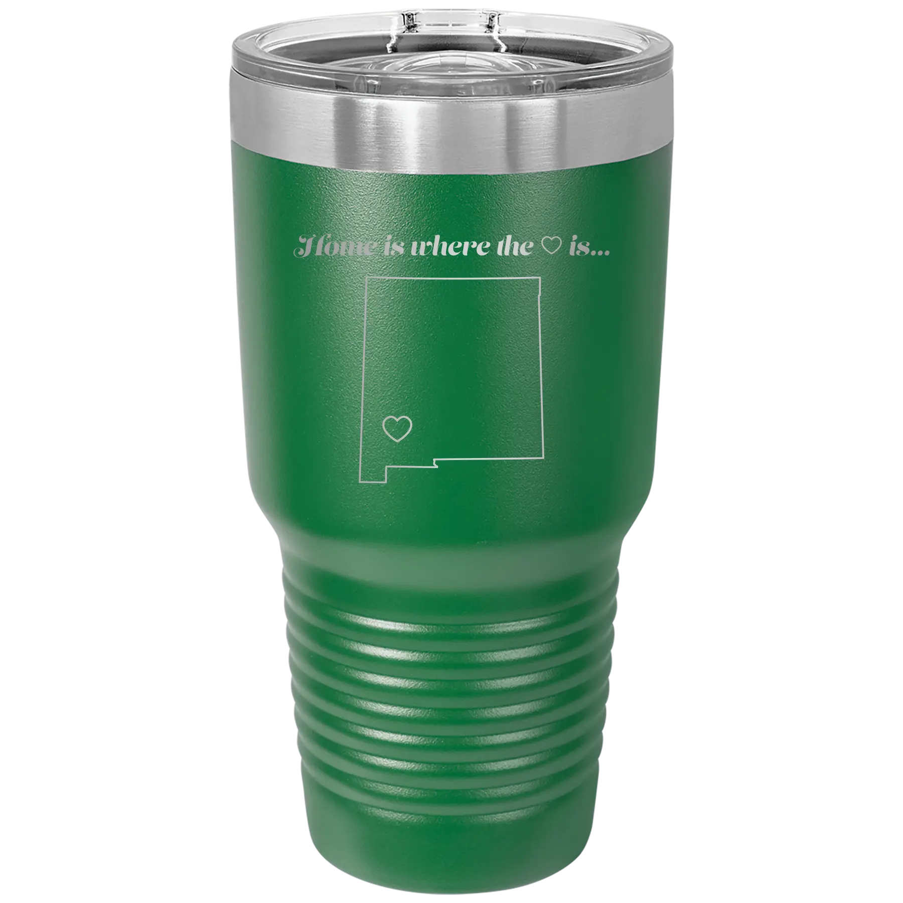 Laser etched green 30 oz vacuum insulated tumbler with 'New Mexico Heart' design