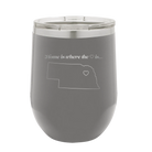 Laser etched dark gray 12 oz vacuum insulated wine cup with 'Nebraska Heart' design