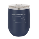 Laser etched navy 12 oz vacuum insulated wine cup with 'Nebraska Heart' design