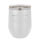 Laser etched white 12 oz vacuum insulated wine cup with 'Nebraska Heart' design