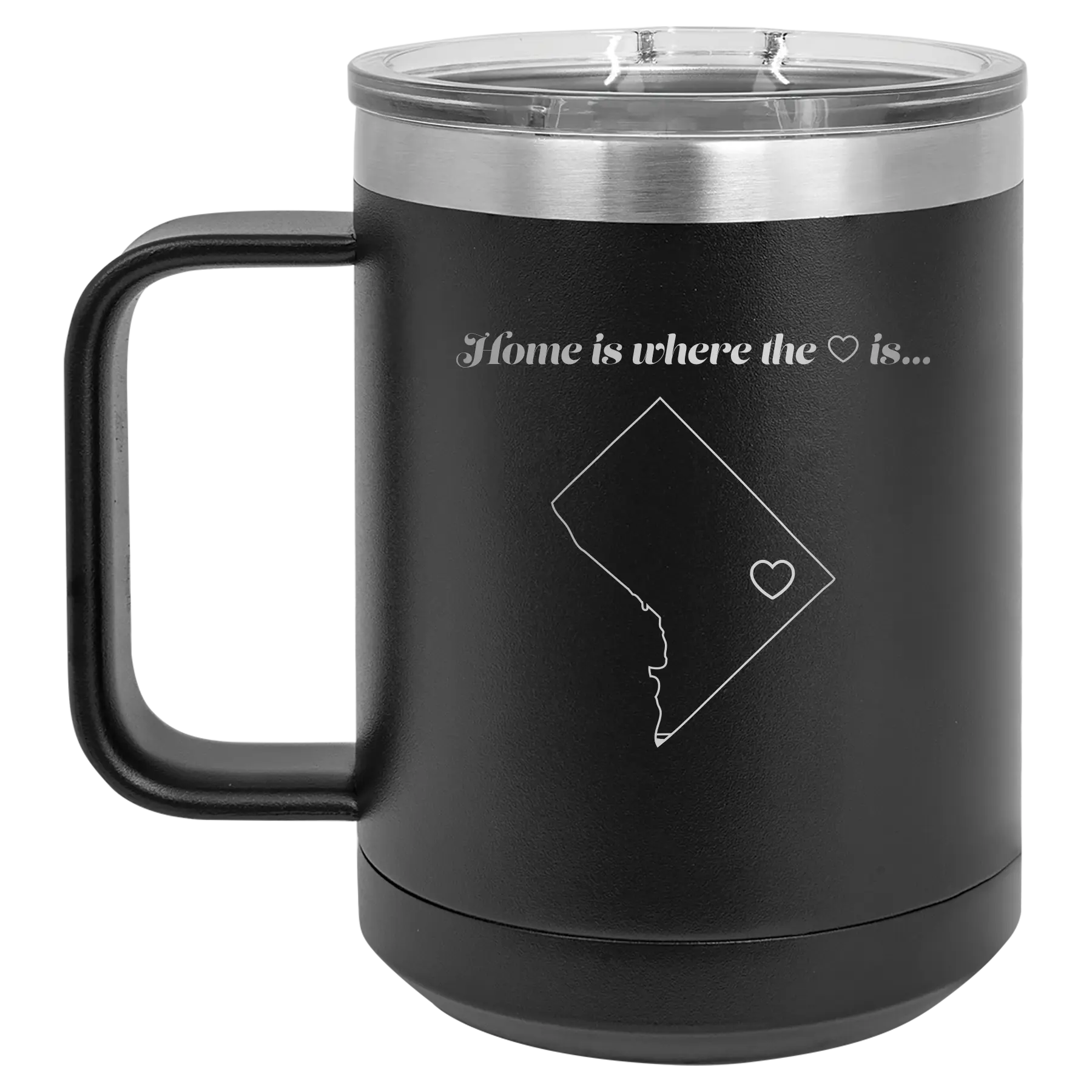 Laser etched black 15 oz vacuum insulated coffee mug with 'Washington DC Heart' design
