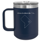 Laser etched navy 15 oz vacuum insulated coffee mug with 'Washington DC Heart' design