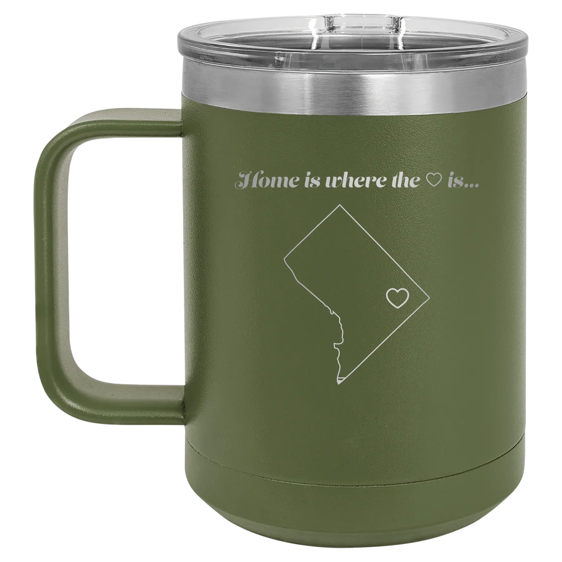 Laser etched olive green 15 oz vacuum insulated coffee mug with 'Washington DC Heart' design