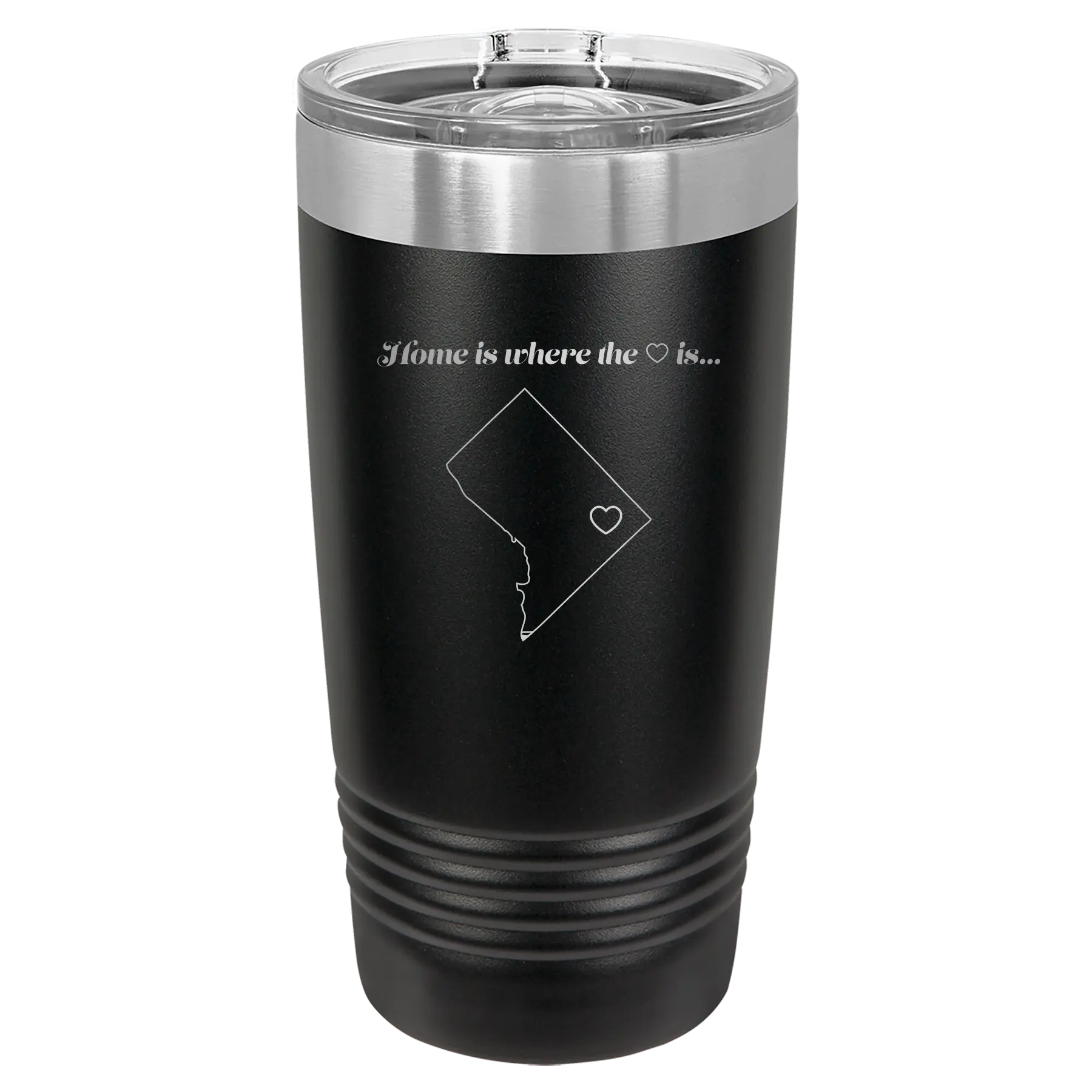 Laser etched black 20 oz vacuum insulated tumbler with 'Washington DC Heart' design