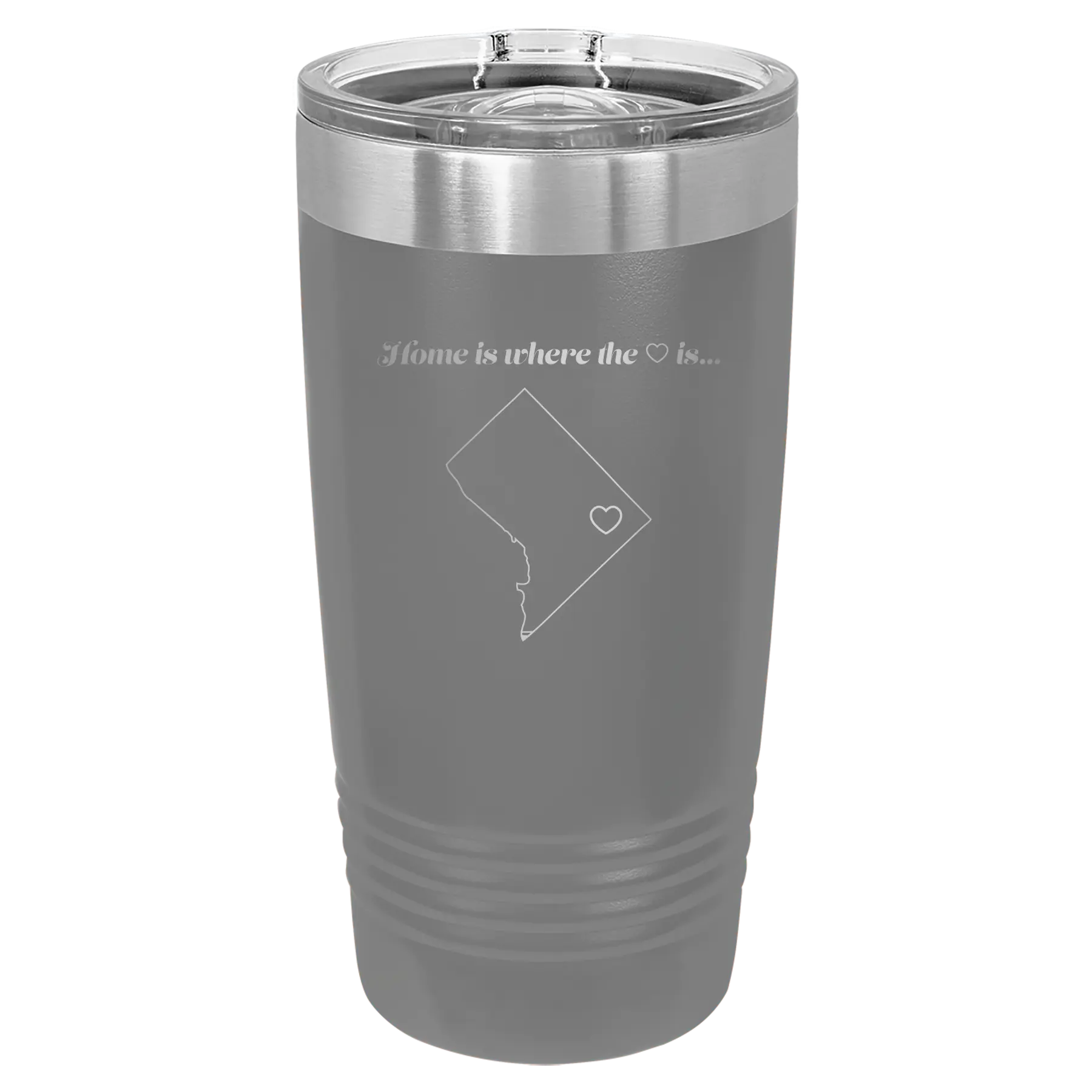 Laser etched dark gray 20 oz vacuum insulated tumbler with 'Washington DC Heart' design
