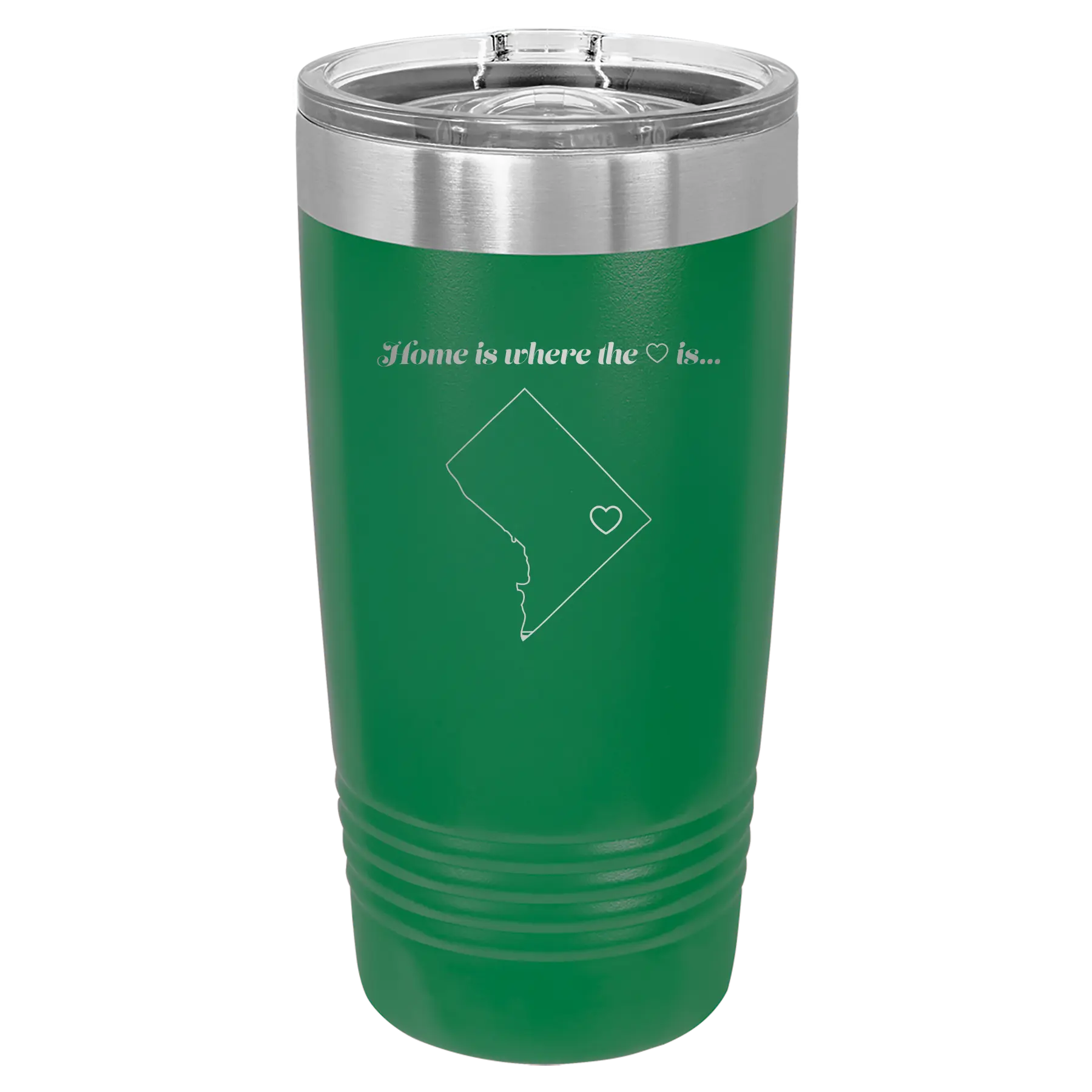 Laser etched green 20 oz vacuum insulated tumbler with 'Washington DC Heart' design