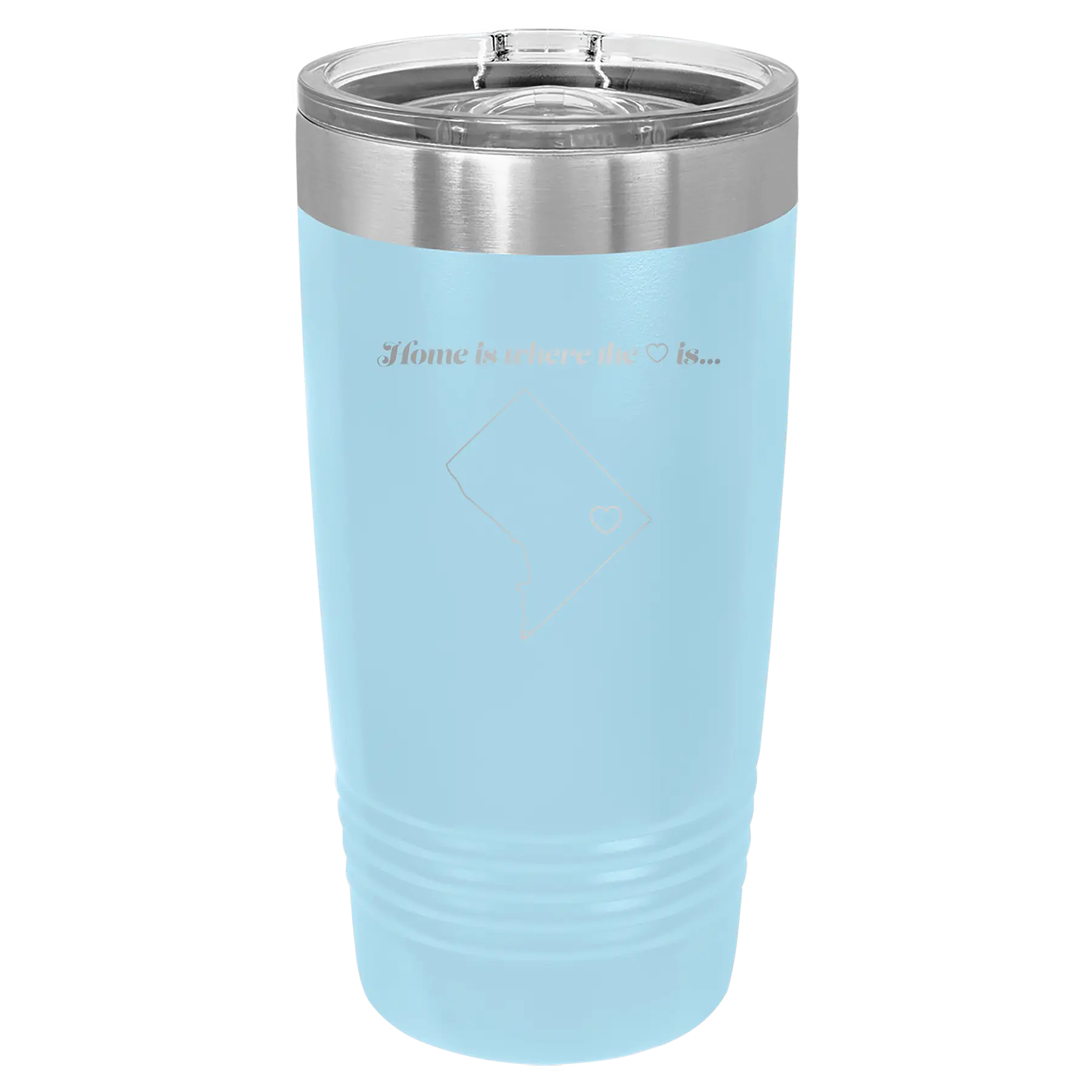 Laser etched light blue 20 oz vacuum insulated tumbler with 'Washington DC Heart' design