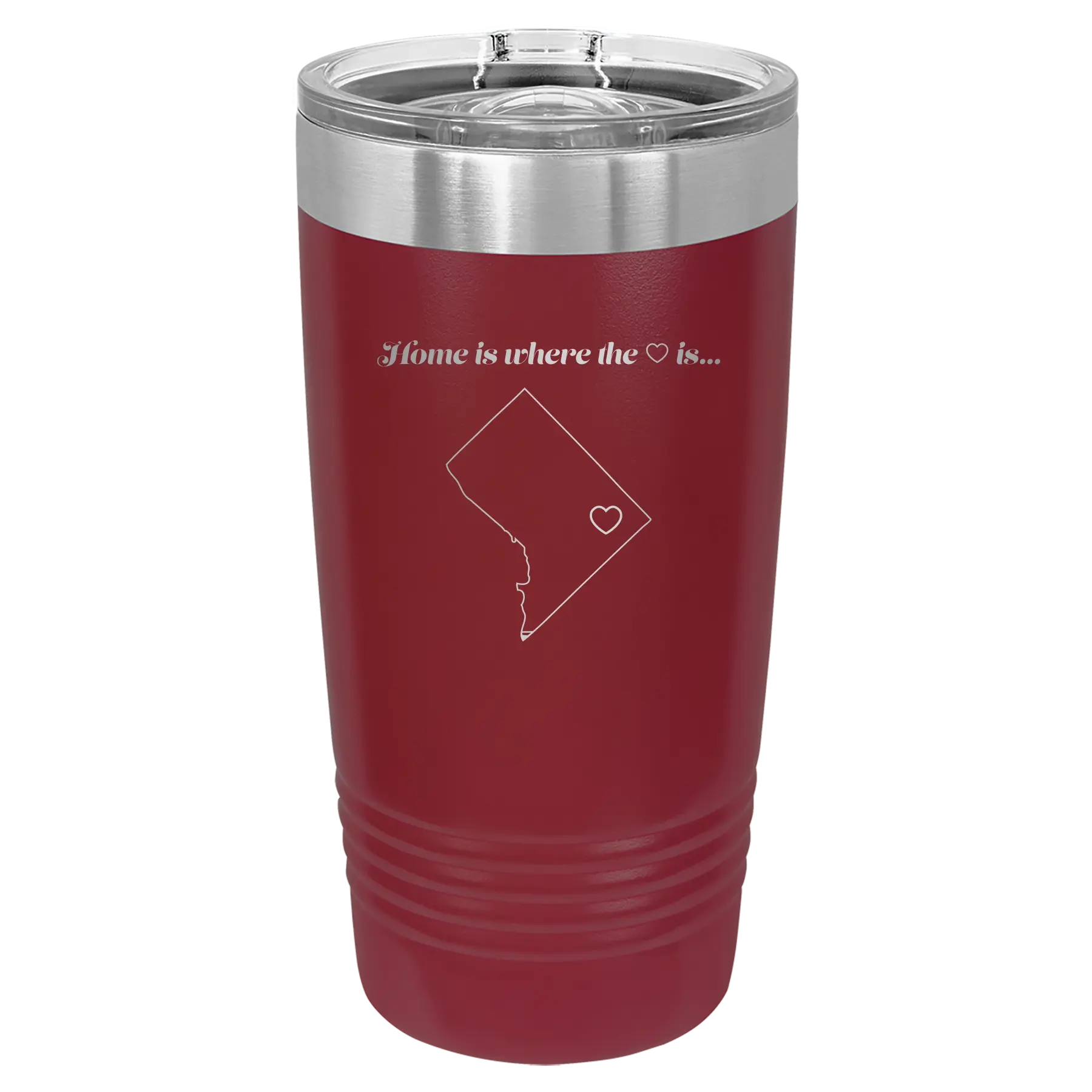 Laser etched maroon 20 oz vacuum insulated tumbler with 'Washington DC Heart' design