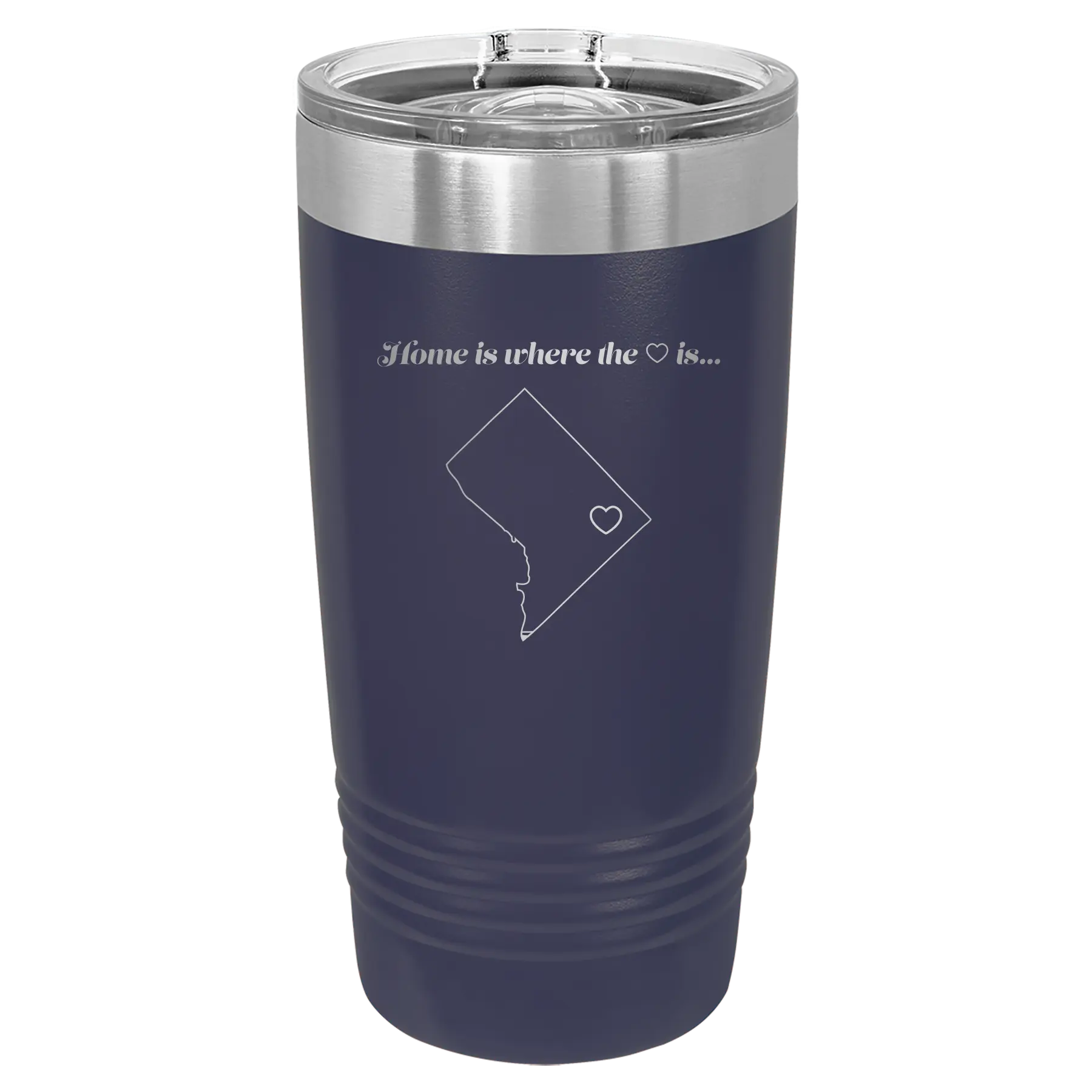 Laser etched navy 20 oz vacuum insulated tumbler with 'Washington DC Heart' design