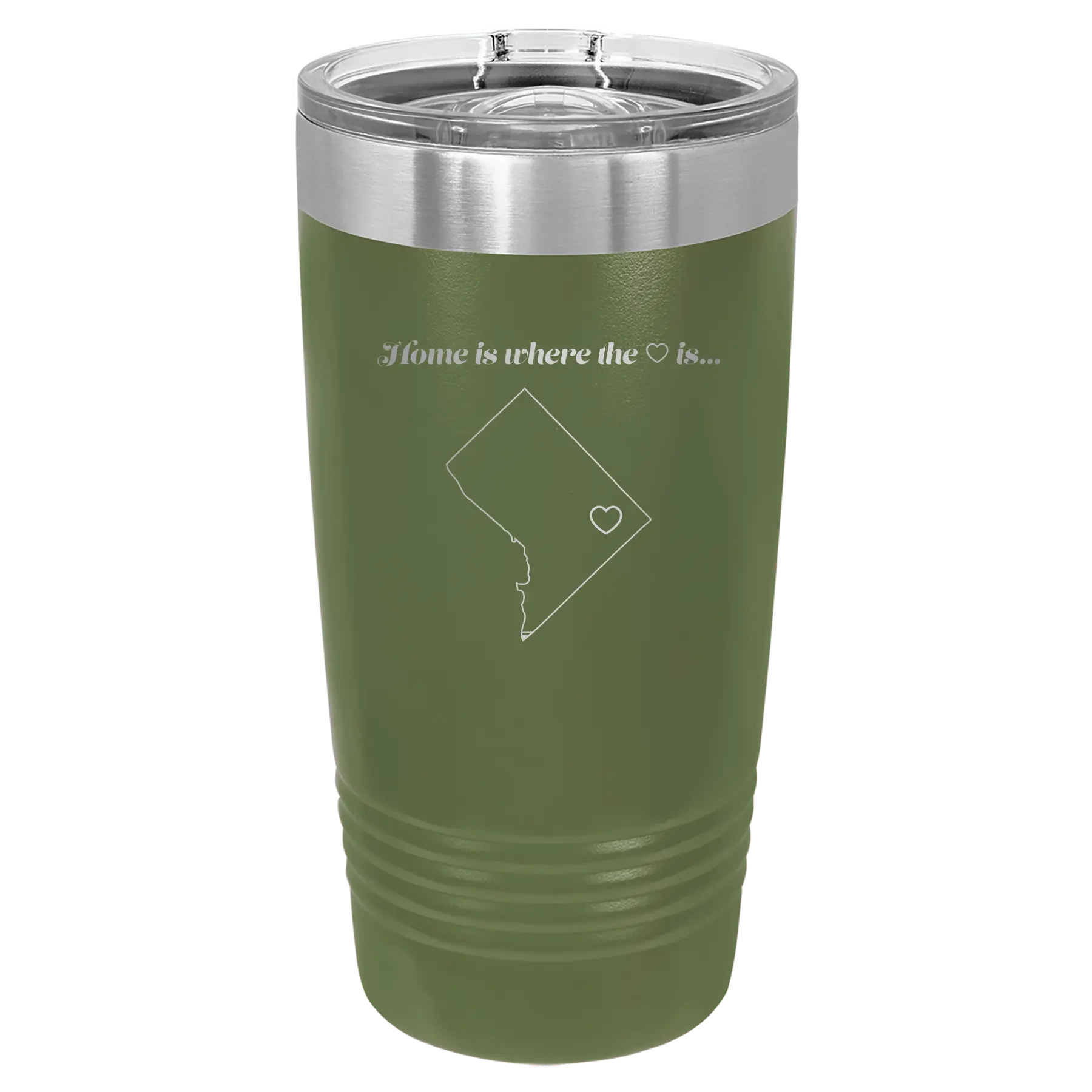 Laser etched olive green 20 oz vacuum insulated tumbler with 'Washington DC Heart' design