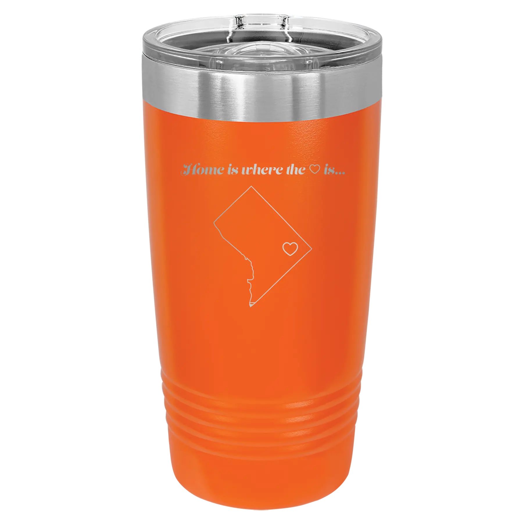 Laser etched orange 20 oz vacuum insulated tumbler with 'Washington DC Heart' design