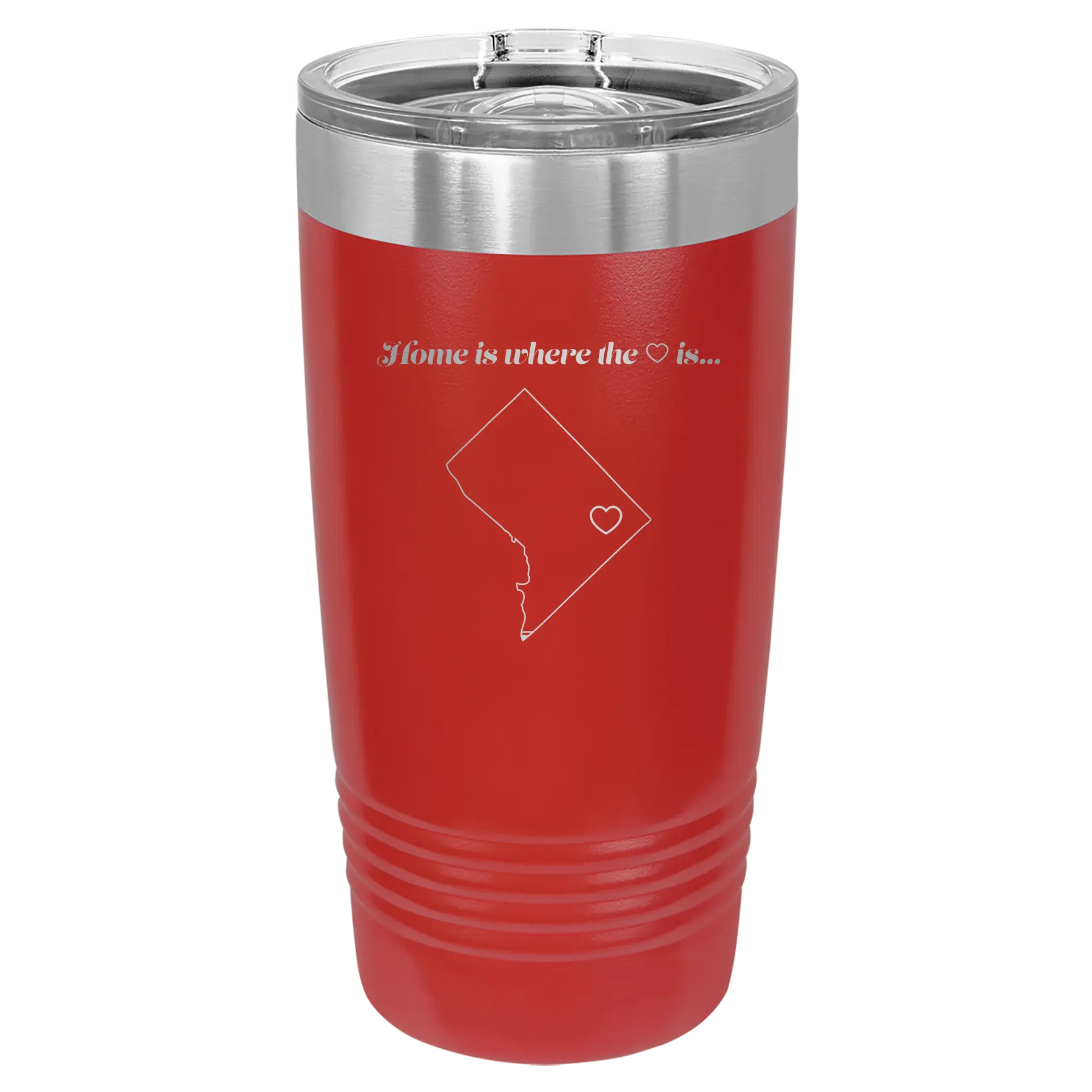 Laser etched red 20 oz vacuum insulated tumbler with 'Washington DC Heart' design