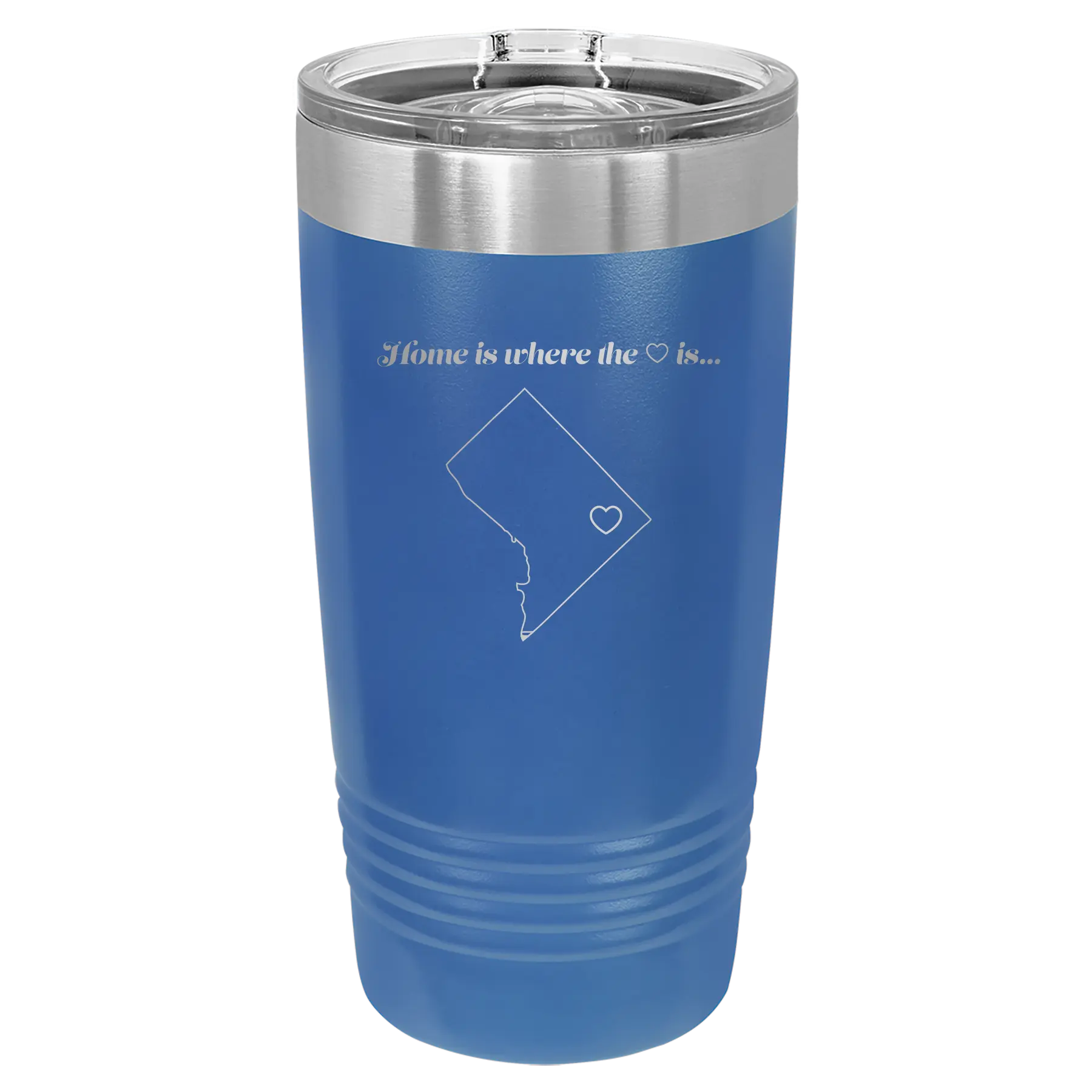 Laser etched royal blue 20 oz vacuum insulated tumbler with 'Washington DC Heart' design