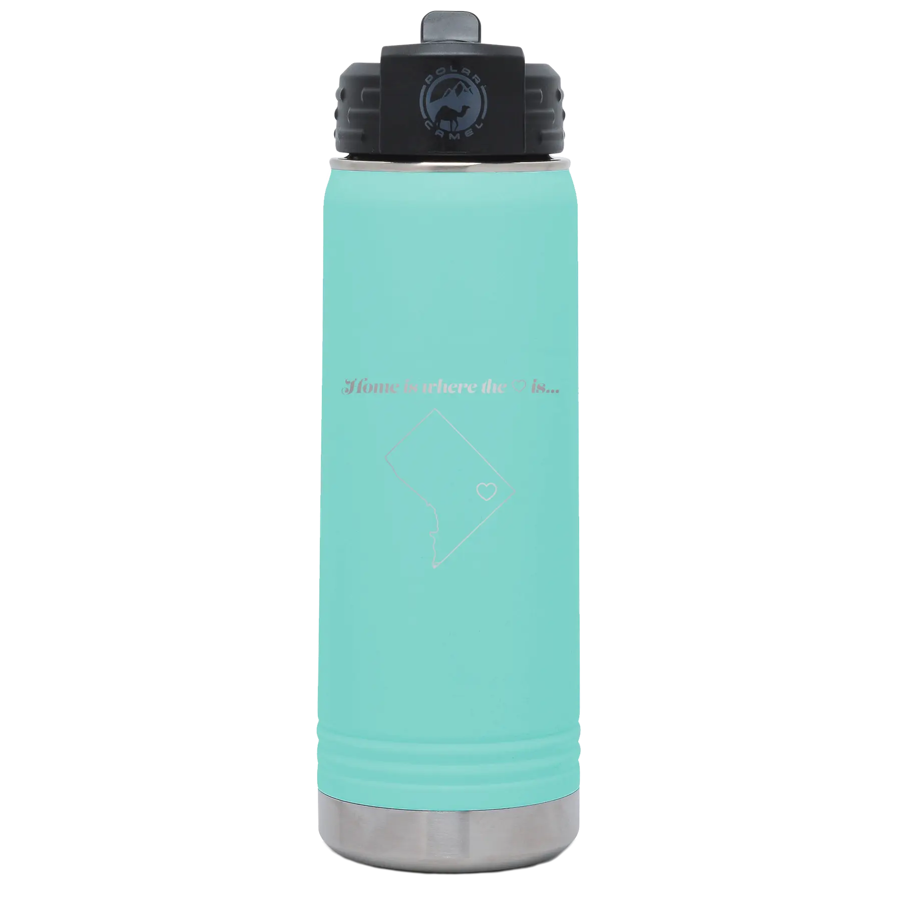 Laser etched teal 20 oz vacuum insulated water bottle with 'Washington DC Heart' design
