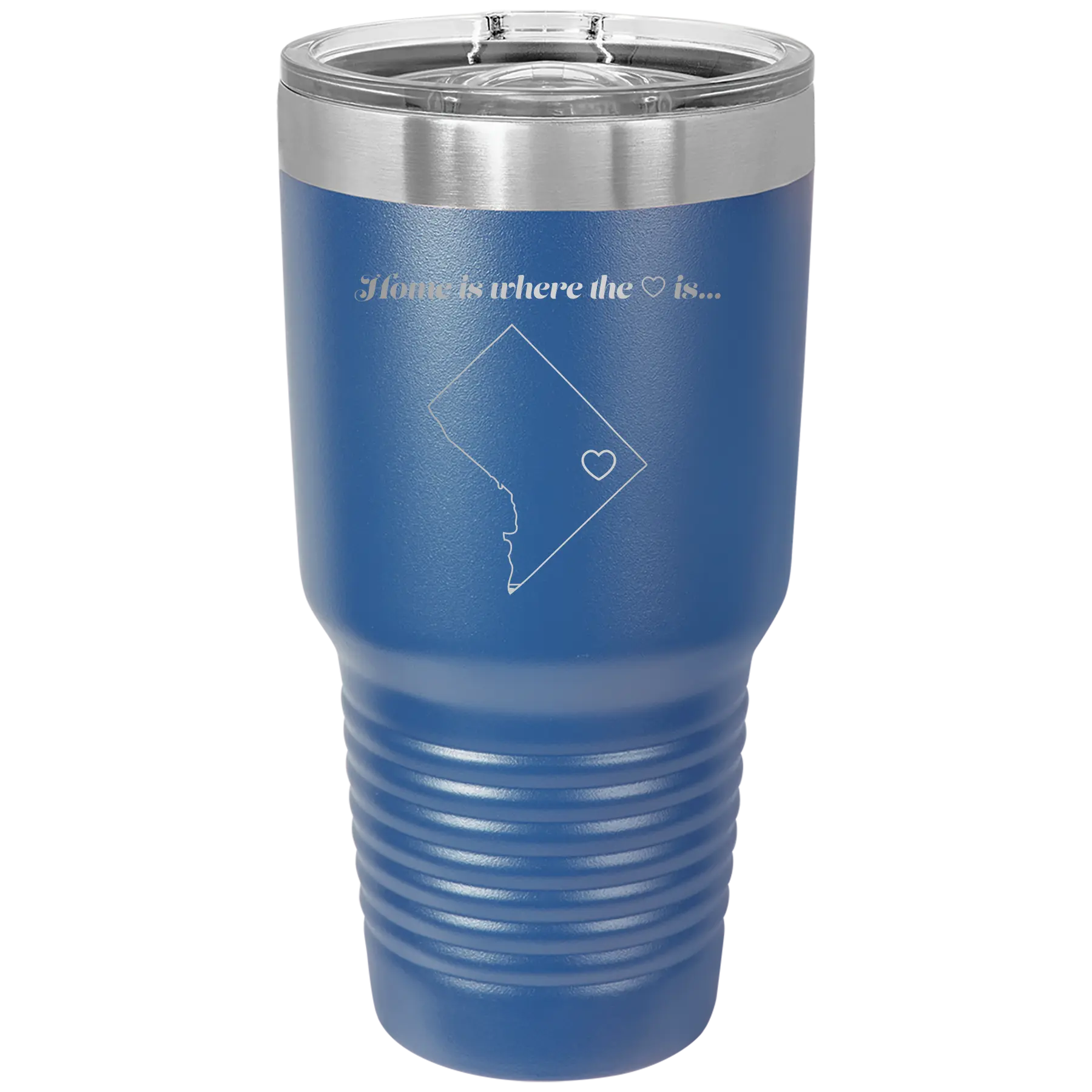 Laser etched royal blue 30 oz vacuum insulated tumbler with 'Washington DC Heart' design