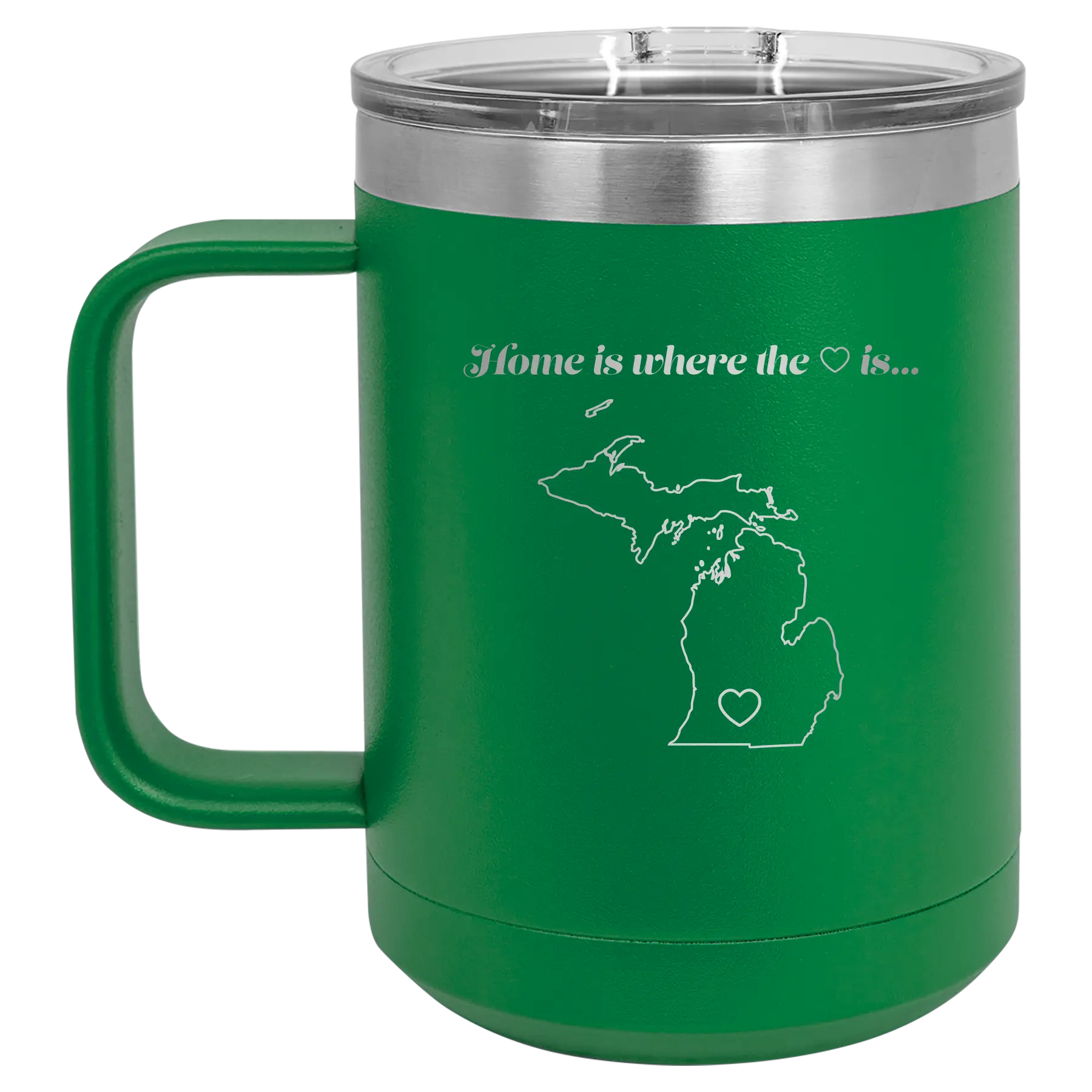 Laser etched green 15 oz vacuum insulated coffee mug with 'Michigan Heart' design