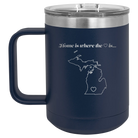 Laser etched navy 15 oz vacuum insulated coffee mug with 'Michigan Heart' design